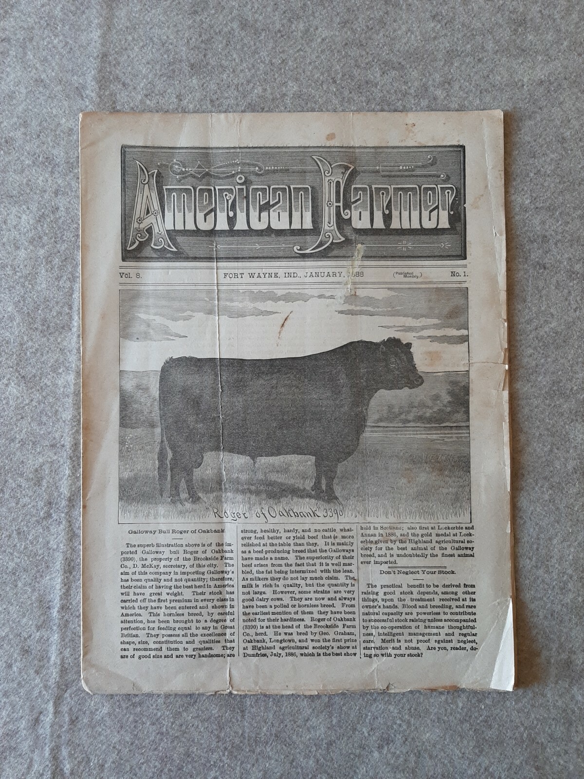 Jan. 1888 AMERICAN FARMER Magazine Fort Wayne Indiana No. 1 Vol. 8 Galloway Bull