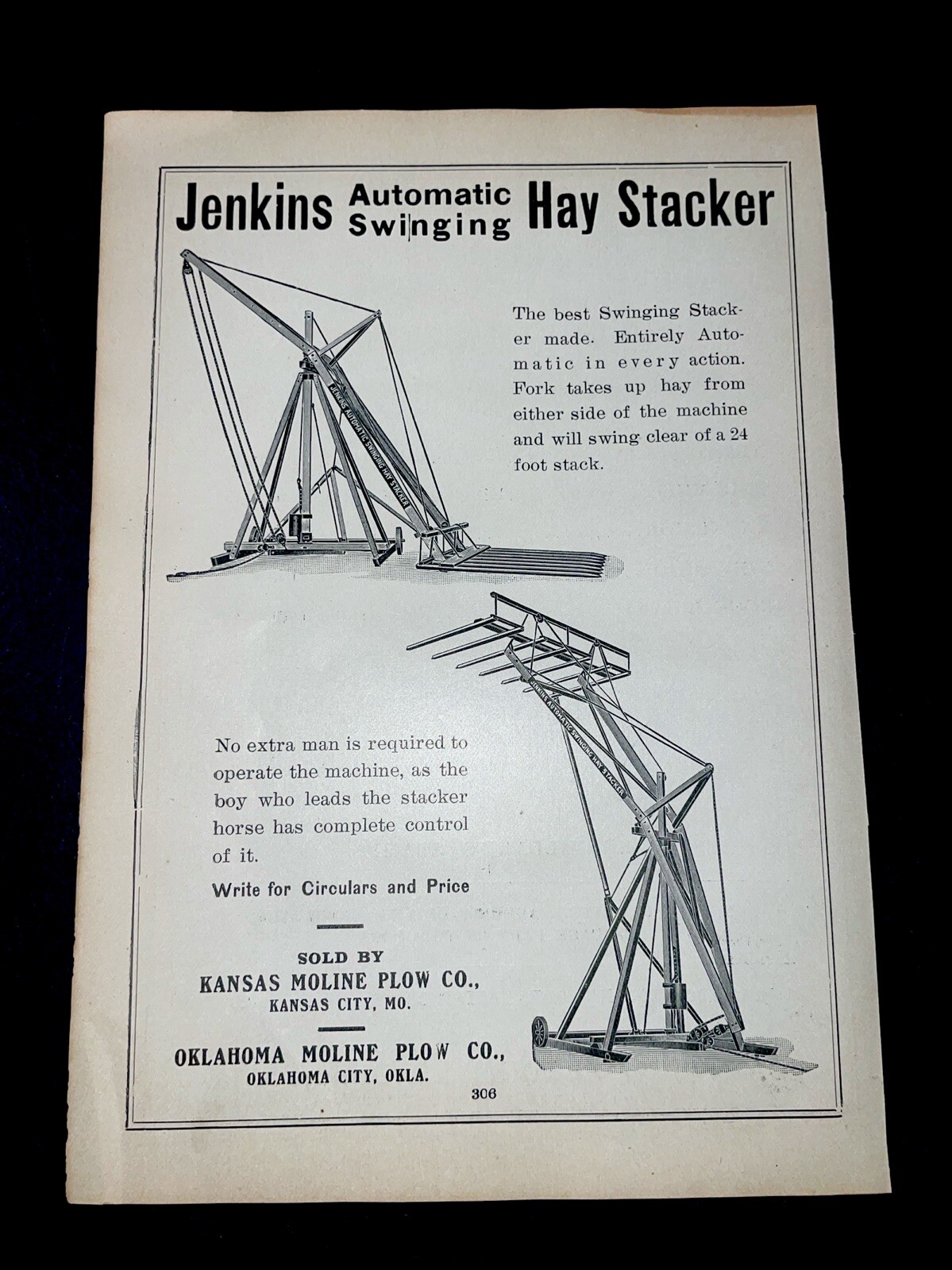 ORIGINAL 1907 Jenkins Auto Swinging Hay Stacker Farm Implement Advertising