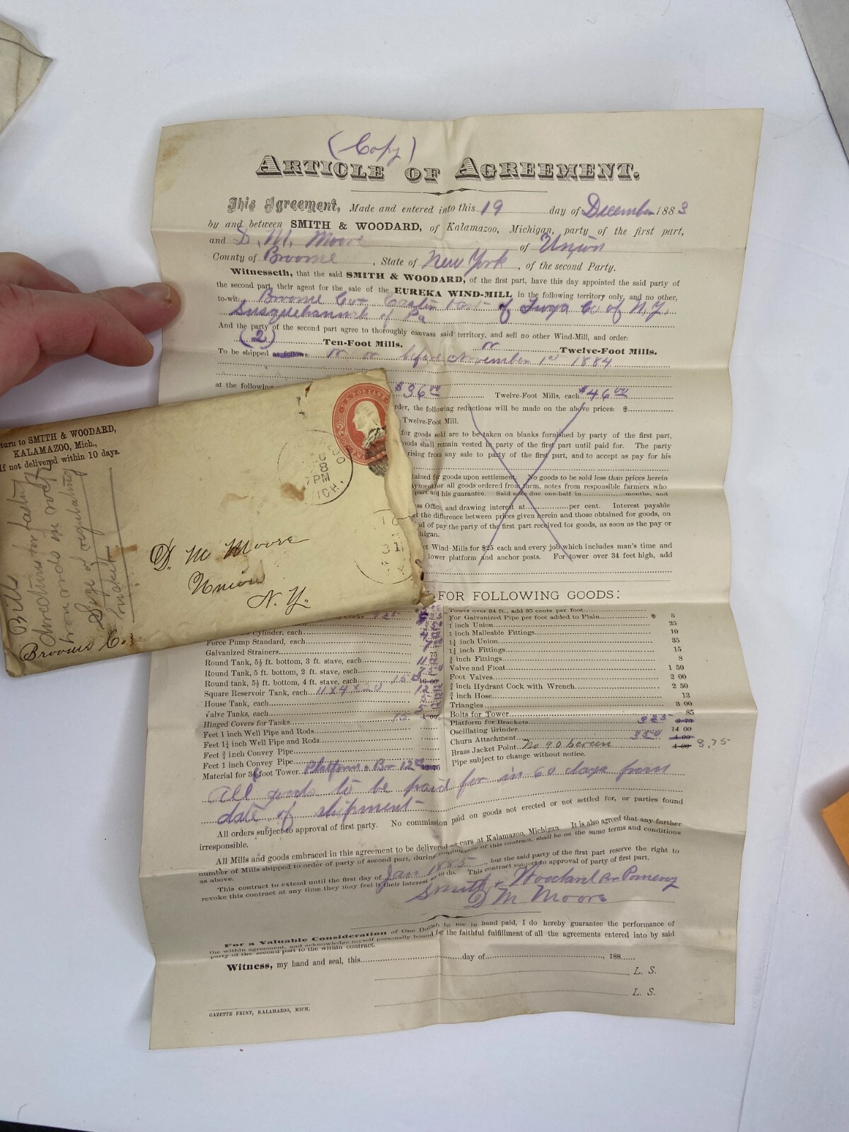 RARE ARCHIVE Letters Drawing Ephemera Smith Woodard WIND MILL Kalamazoo MI 1883