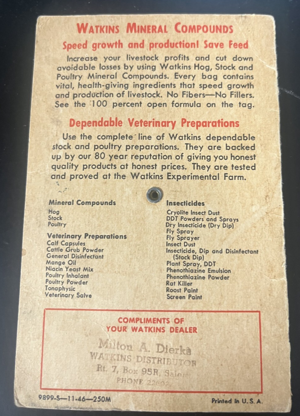 1946 Watkins Mineral Veterinary Animal Gestation/Birthday Calendar