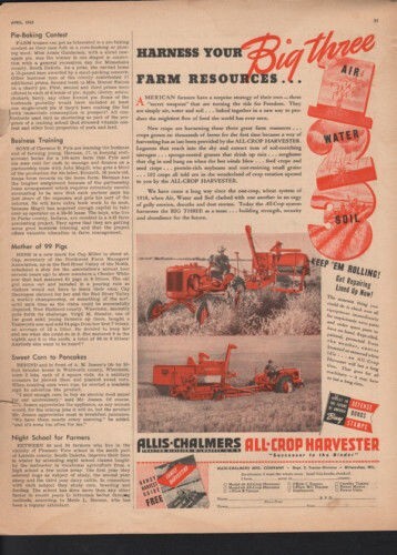 1942 ALLIS-CHALMERS TRACTOR HARVESTER FARM EQUIPMENT MILWAUKEE CROP AD 10413