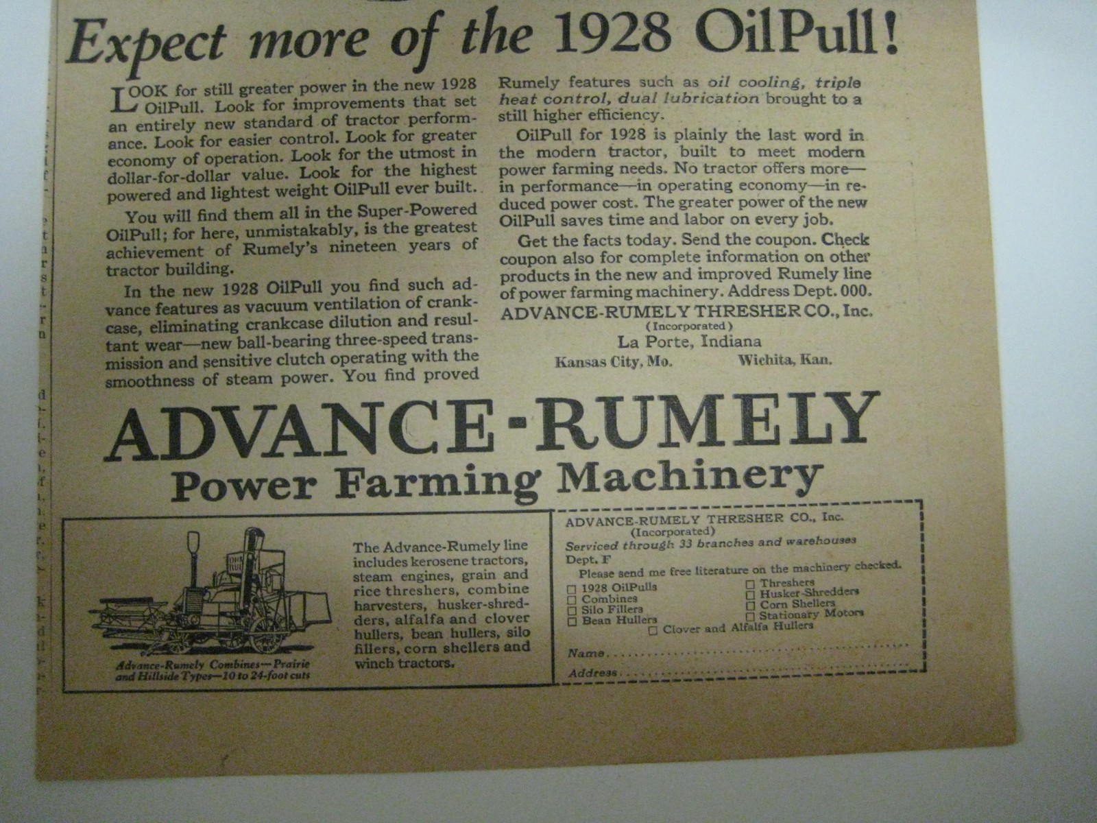 Vintage 1928 OilPull Tractor Advance-Rumely Print Ad Advertising OIL PULL Farm