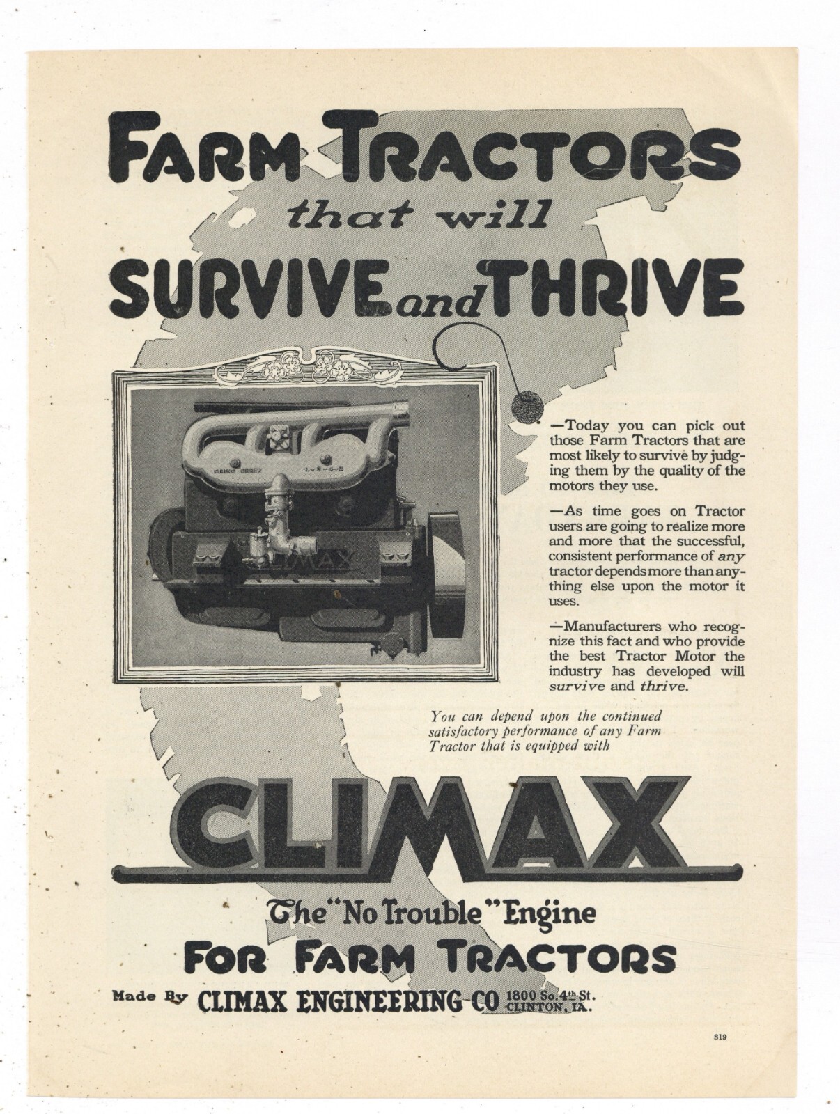 1919 Climax Engineering Ad: Farm Tractors that SURVIVE & THRIVE – Clinton, Iowa