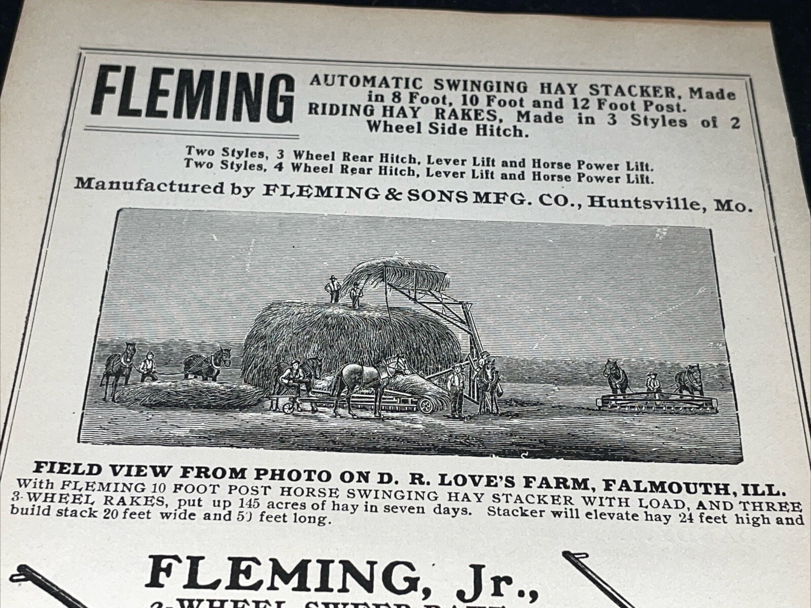 ORIGINAL 1907 Fleming Rake Farm Implement Advertising – Huntsville, MO