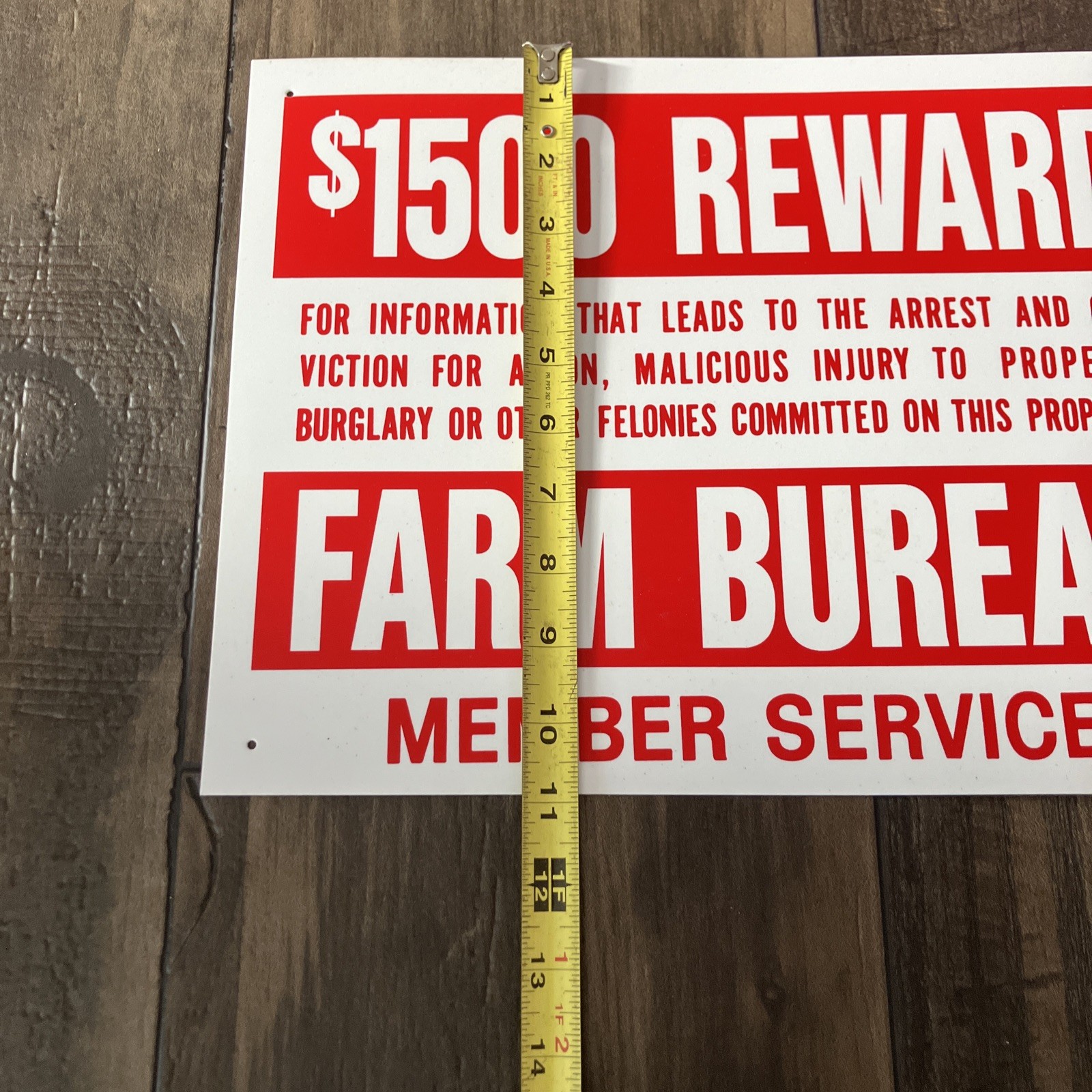 NOS $1500 Reward Farm Bureau Member 14” X 11” Poly Sign Arson Burglary Felonies