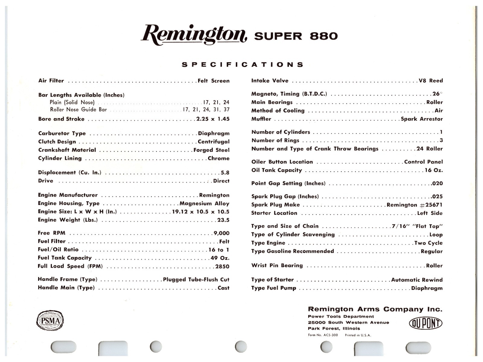 Vintage Original Remington Chainsaws Sales Sheet (Model – Super 880) Info Sheet