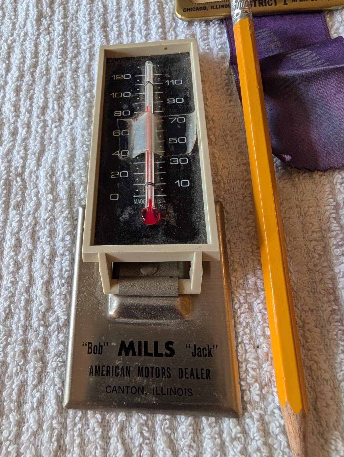 Canton, Ill.vintage advertising lot. thermometer, ashtray ,matchbox cover, moreu