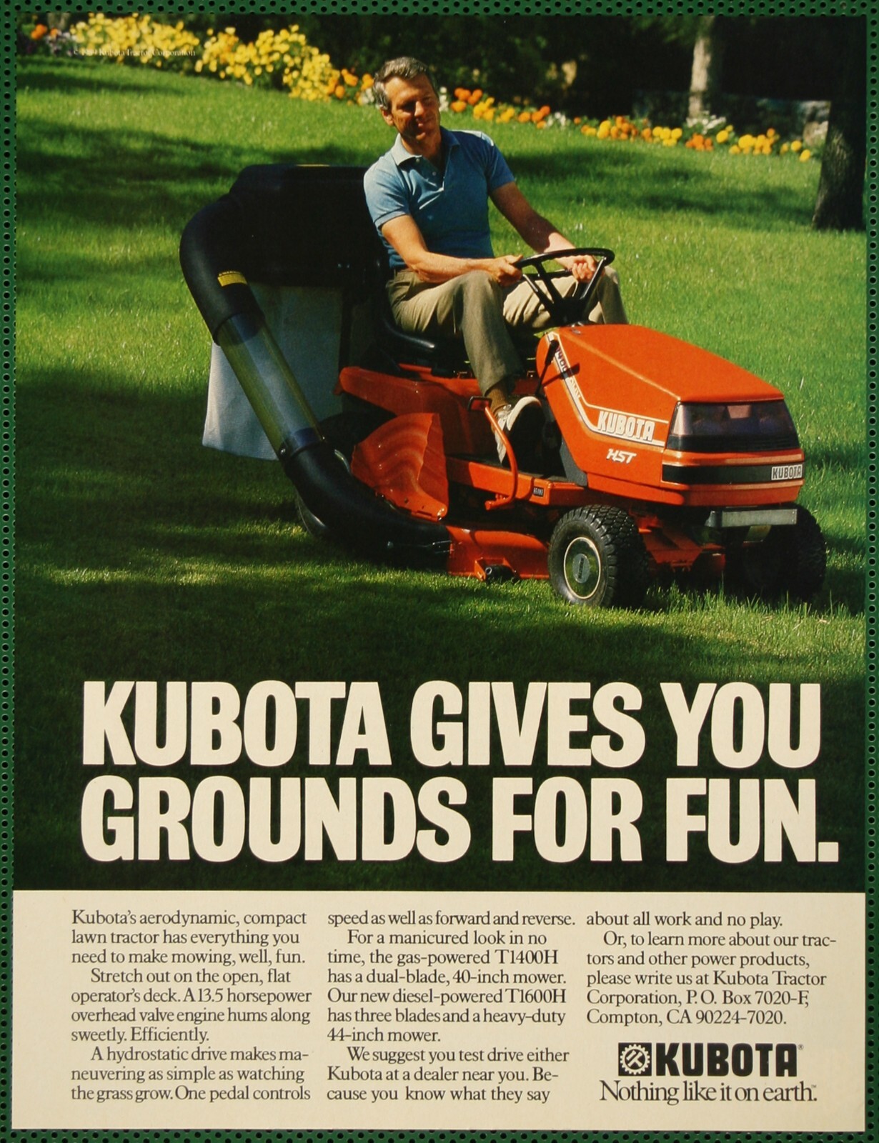 Kubota T1400H T1600H Hydrostatic Riding Lawn Mower Fun Vintage Print Ad 1989