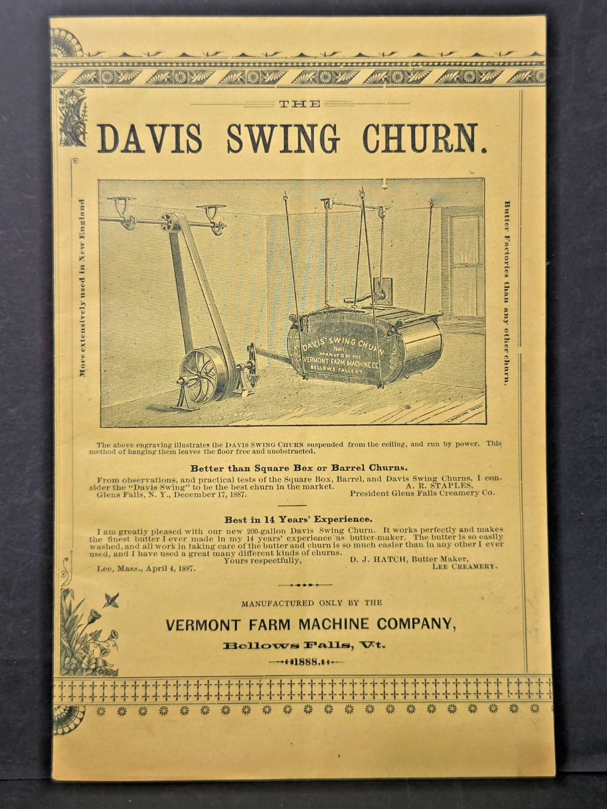 1888 Vermont Farm Machinery Co. Davis Swing Butter Churn Catalog Brochure