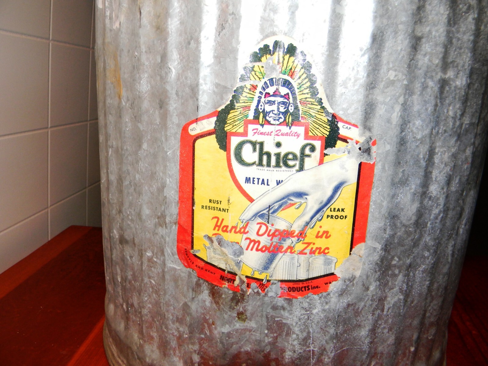VINTAGE HAND BUCKET INDIAN LABEL 11 INCH TALL ZINC COATED WITH HANDEL PAIL