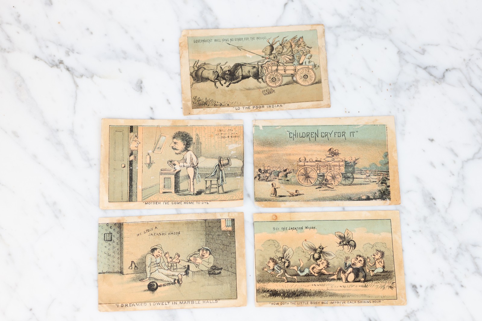 5 Trade Cards for the Jackson Wagon Michigan Prison Made Farm Wagons – 1890s
