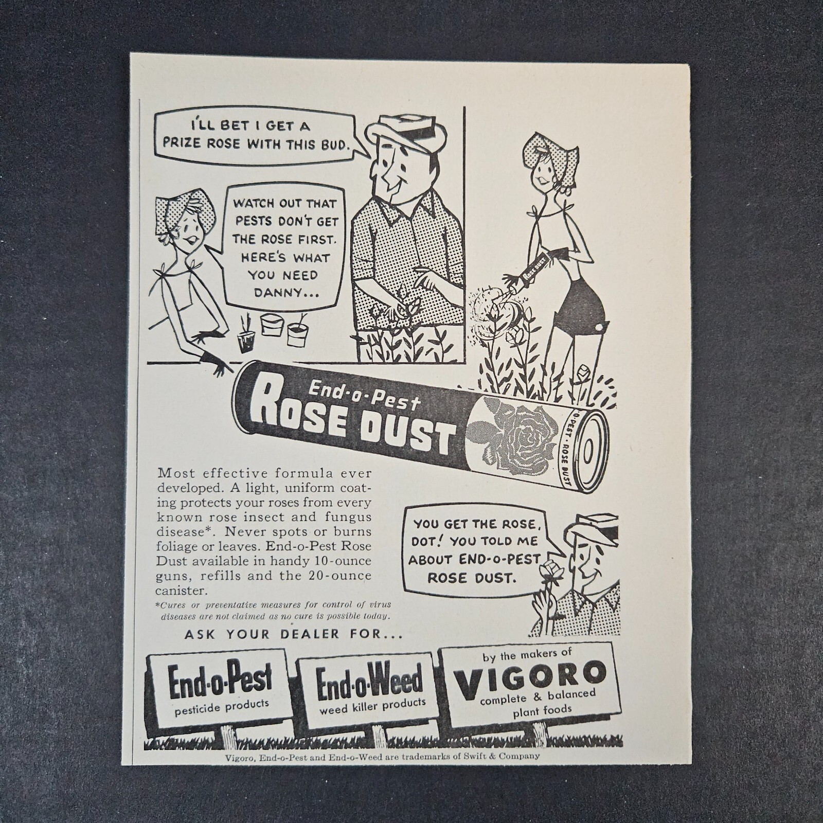 1957 End-O-Pest Rose Dust Pest Weed Vigoro Comic Vintage Print Ad Swift & Co