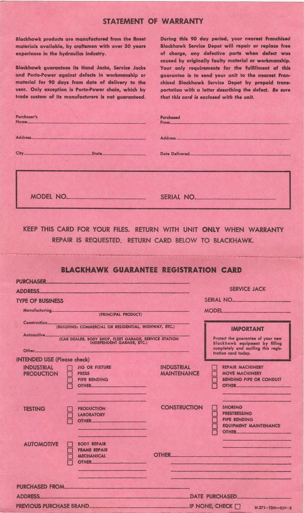 Vintage Farm Equipment Brochure Blackhawk Hydraulic Hand Jack – all paperwork