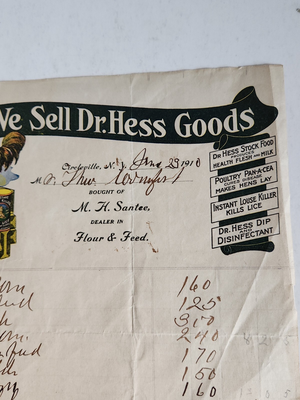 1910 Letterhead Dr. Hess Goods Flour & Feed Farming Bill of Sale Circleville NY