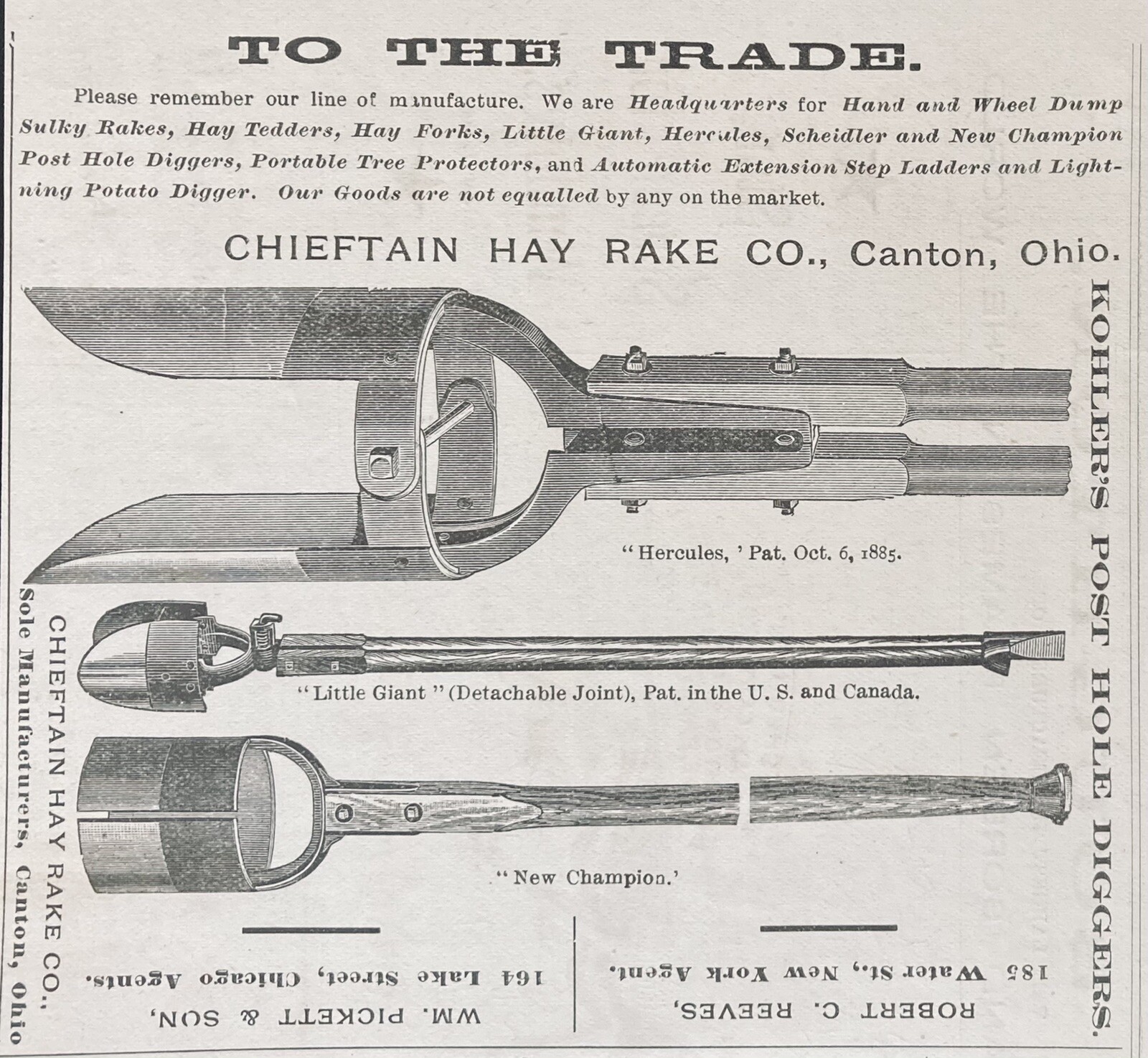 1888 AD.(XH6)~CHIEFTAIN HAY RAKE CO. CANTON, OHIO. KOHLER’S POST HOLE DIGGERS