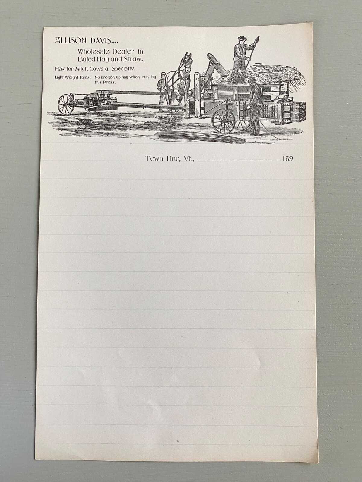 Vintage Letterhead Wholesale Dealer in Hay Straw Town Line VT Farm Ag 1890s