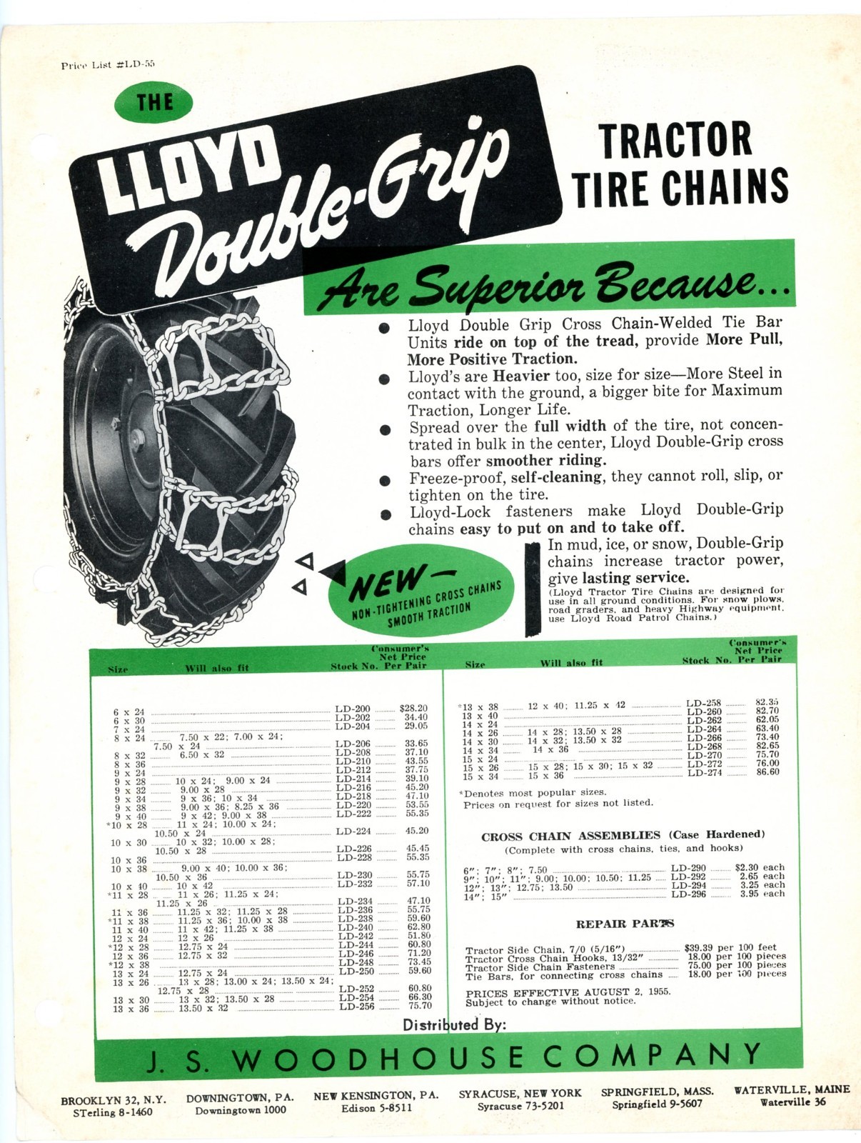 Lloyd Double-Grip & Highway Farm Tractor Chains JS Woodhouse Co c1955 brochure