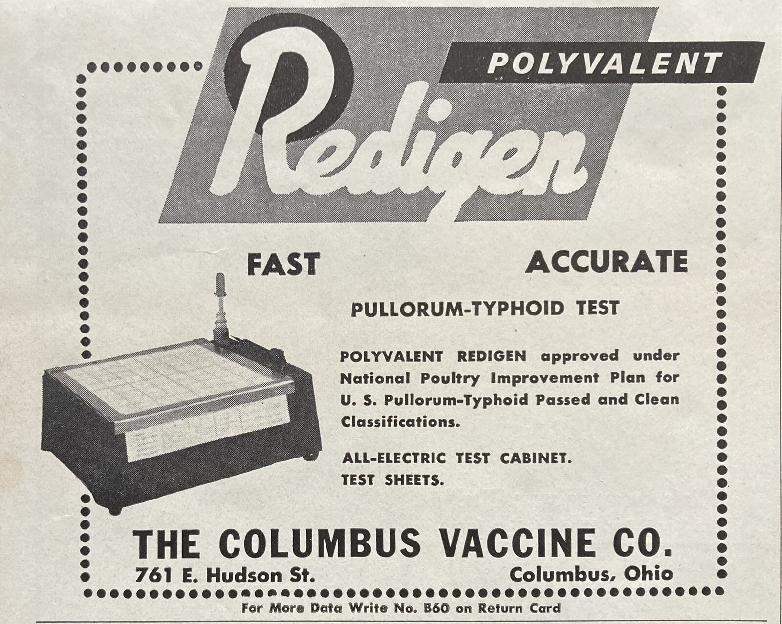 1964 AD.(XH66)~COLUMBUS VACCINE CO. COLUMBUS, OHIO. PULLORUM-TYPHOID TEST