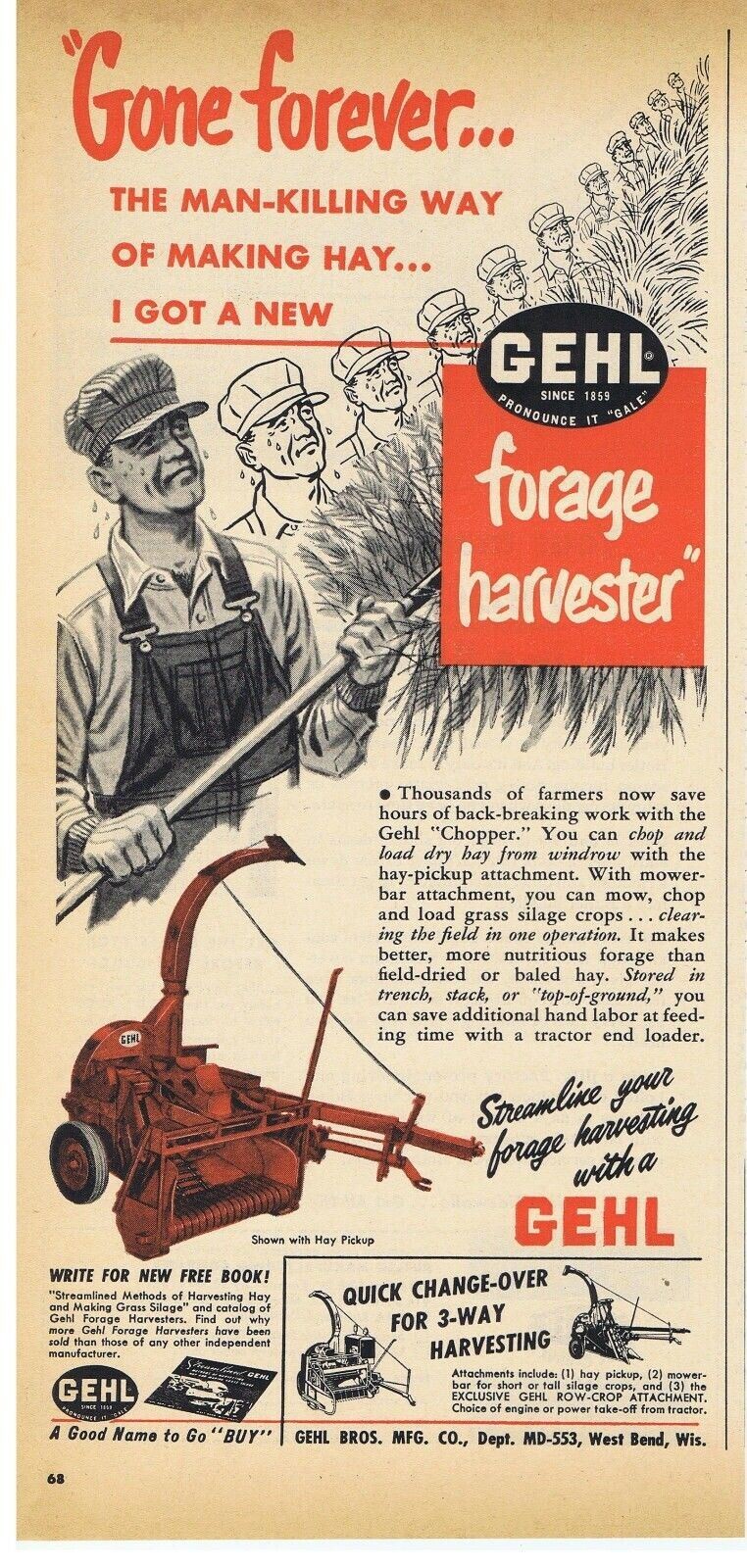 1953 Gehl Forage Harvester with Hay Pickup Print Ad