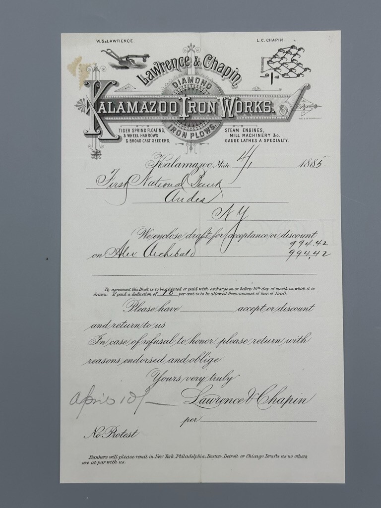 1885 KALAMAZOO MI IRON WORKS Diamond PLOW FARM Bank Draft Antique ADVERTISING
