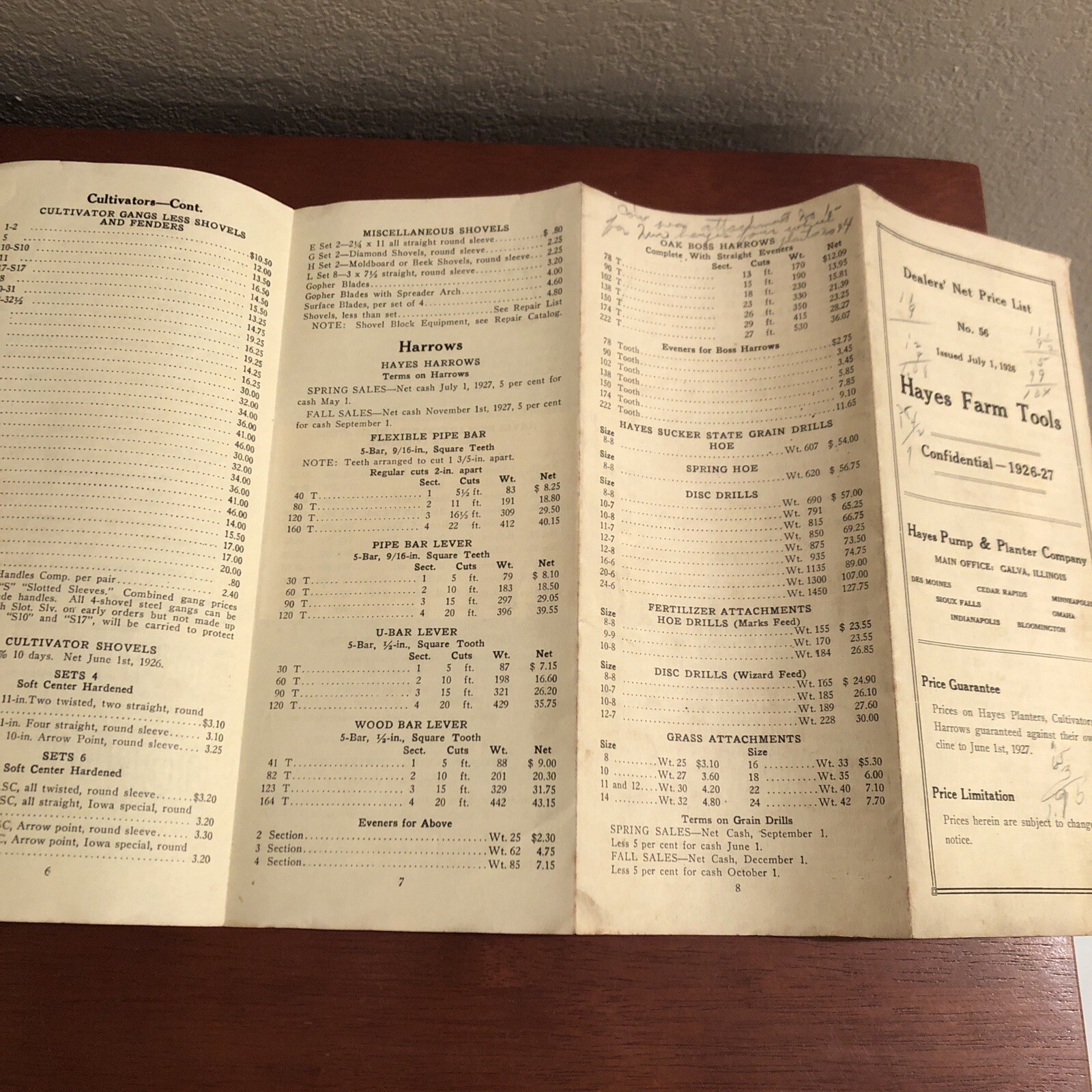 1926 HAYES FARMS TOOLS Dealer&rsquo;s Price List No 56 ~ Pump ~ Galva, IL ~ AUTHENTIC!