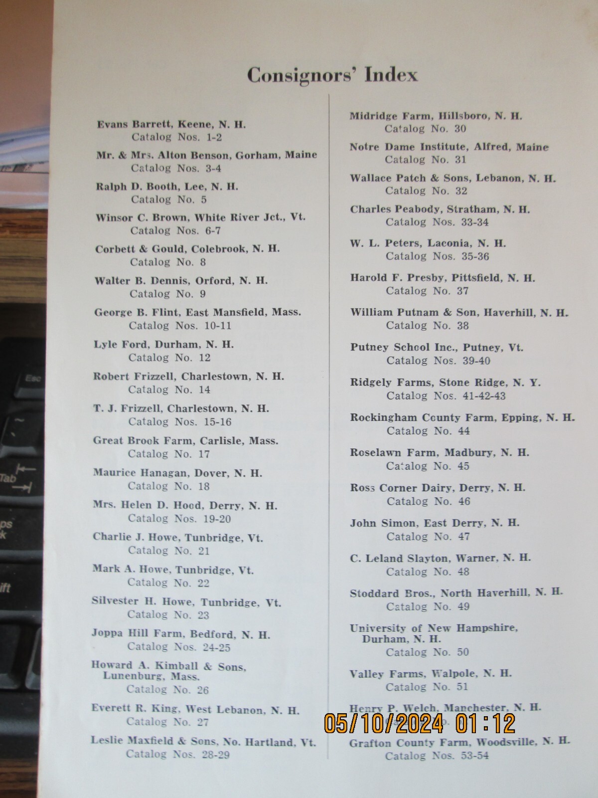 Catalog of New Hampshire consignment sale of registered holstein cattle 1958
