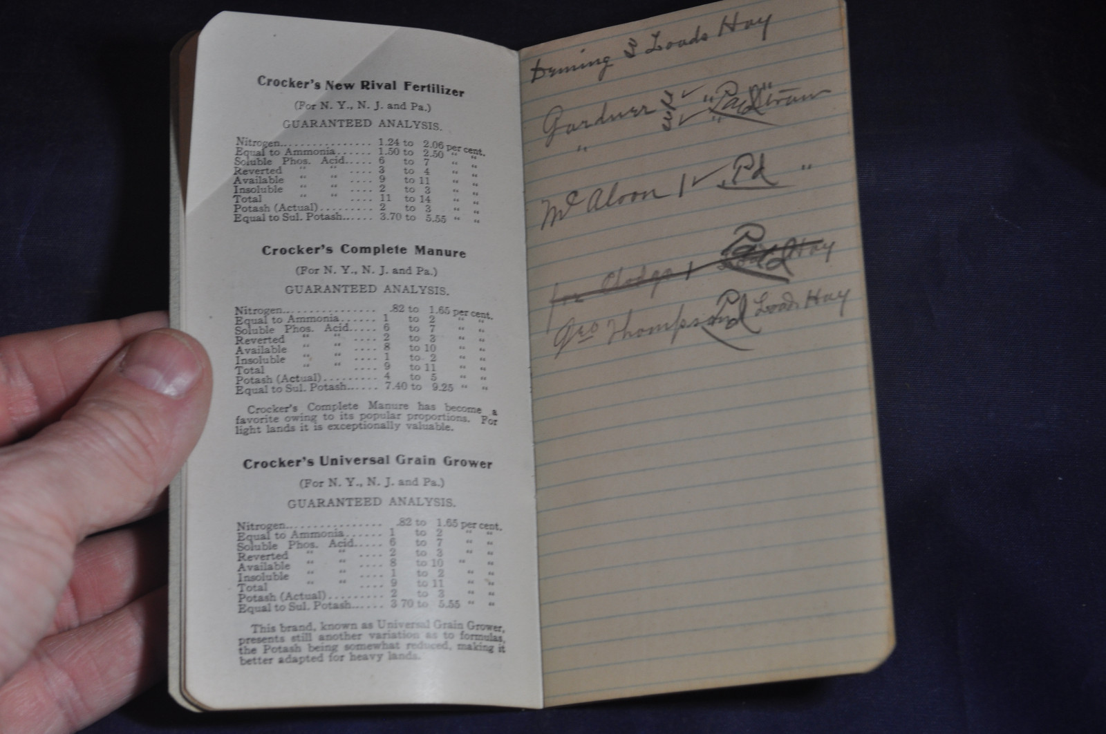 1907 Crockers Brands Honest Fertilizers Notebook, Keeseville NY