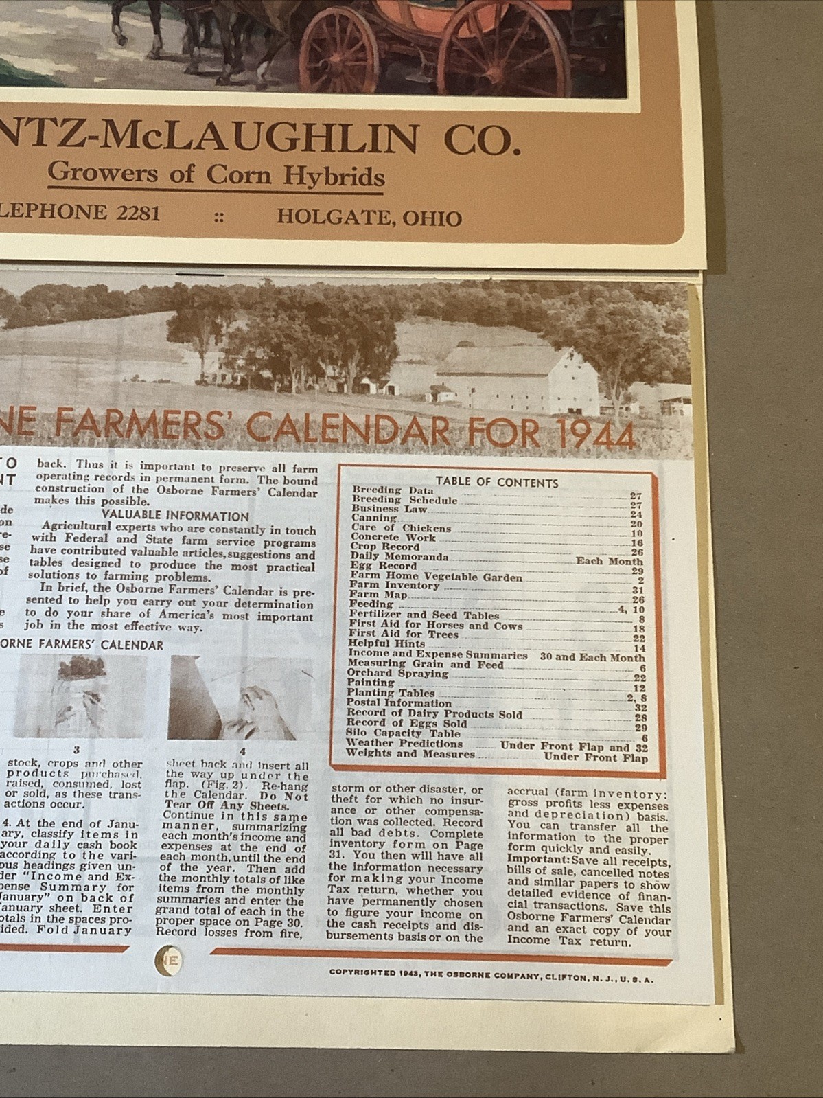 1944 Muntz-McLaughlin Co. Farm Inventory Calendar Holgate OH INV-P0547