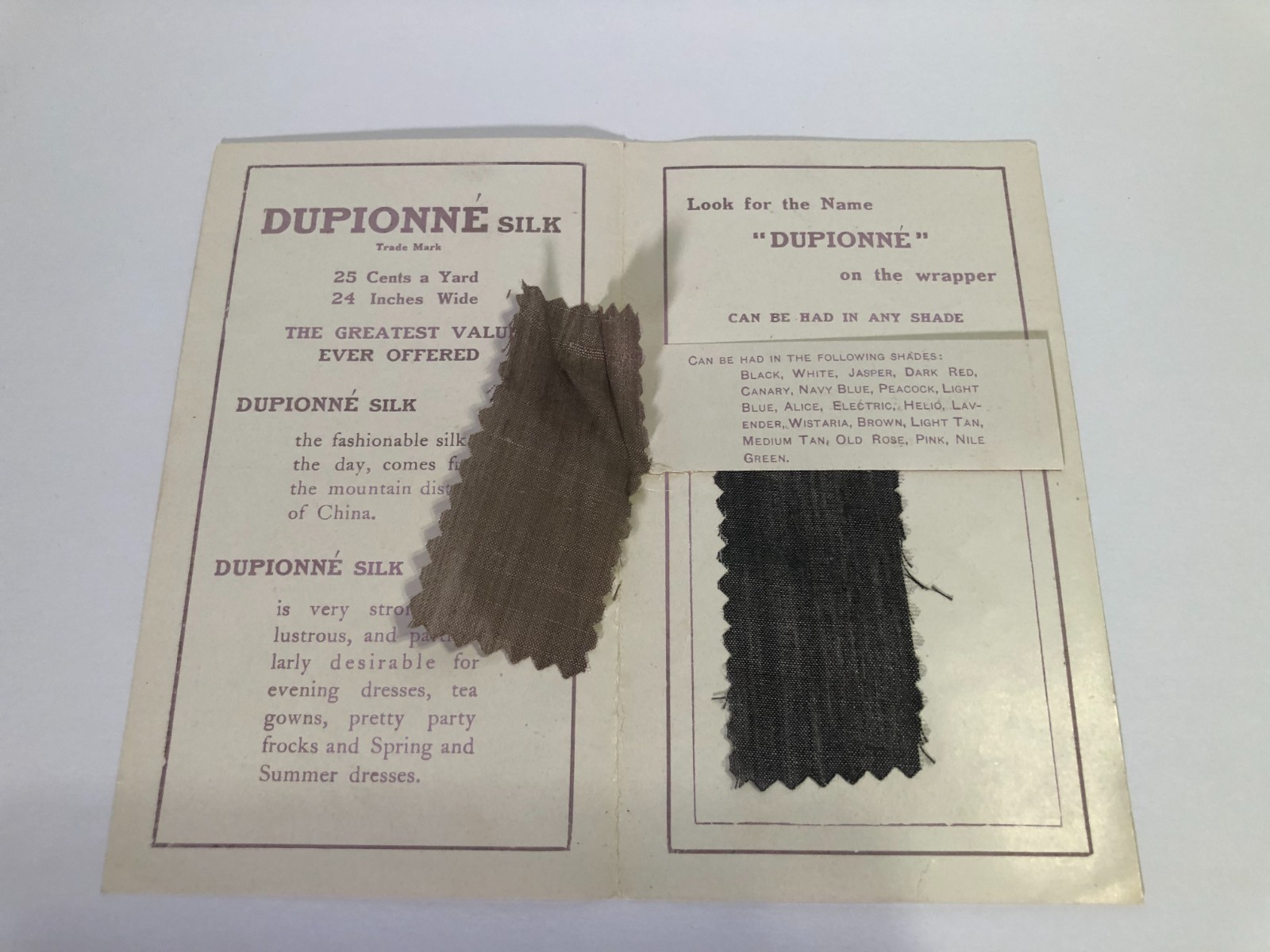 Antique Dupionne Silk samples from Davidson Bros Co Sioux City Iowa