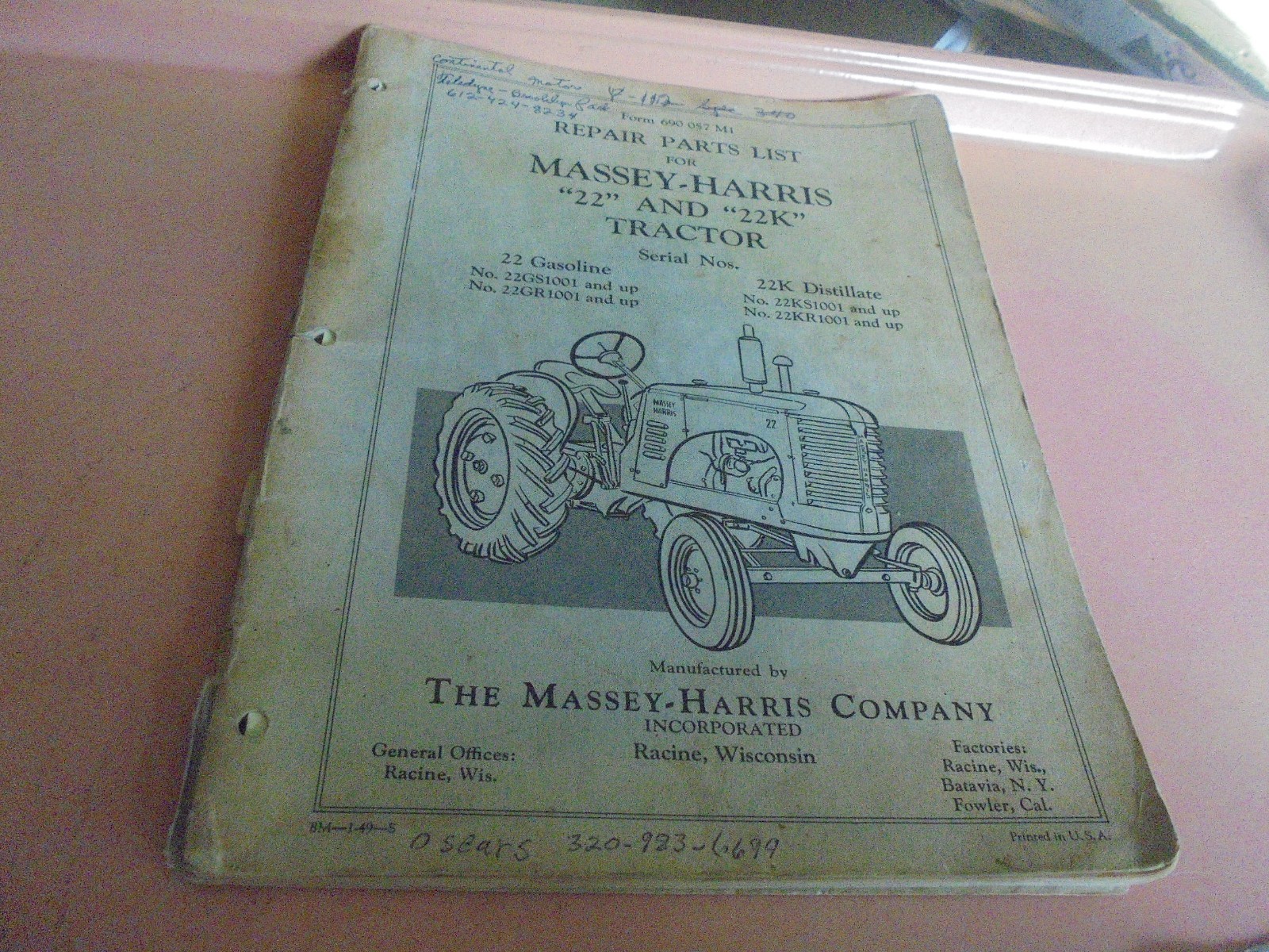 Vintage 1949 Repair Parts List Manual for Massey-Harris 22 and 22K tractors