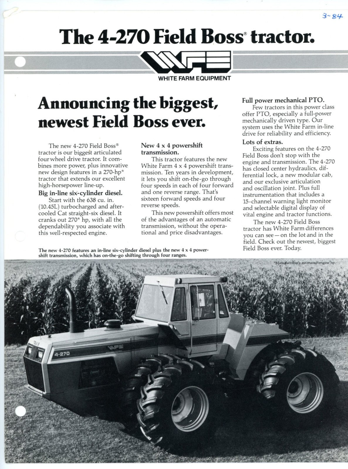 White Field Boss 4-270 sales brochure White Farm Equipment Company