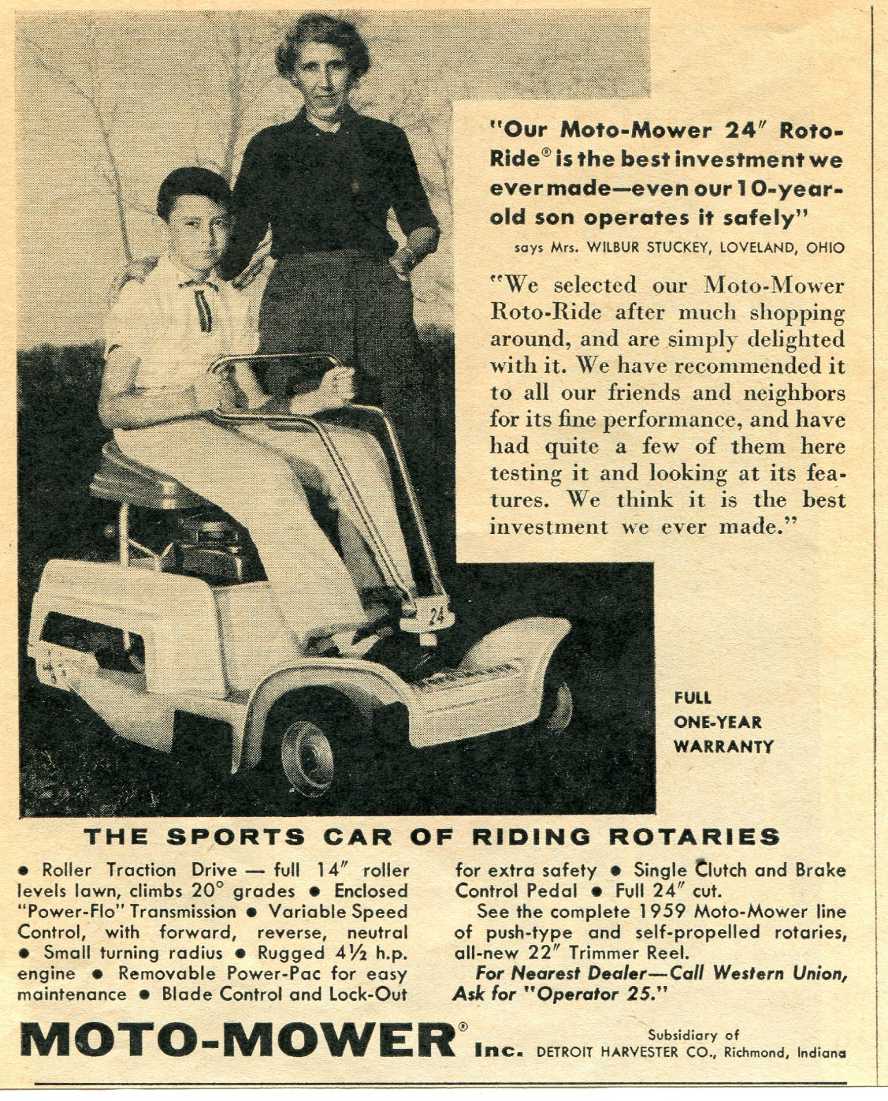 1959 Print Ad of Detroit Harvester Co Moto-Mower Roto-Ride Lawn Mower