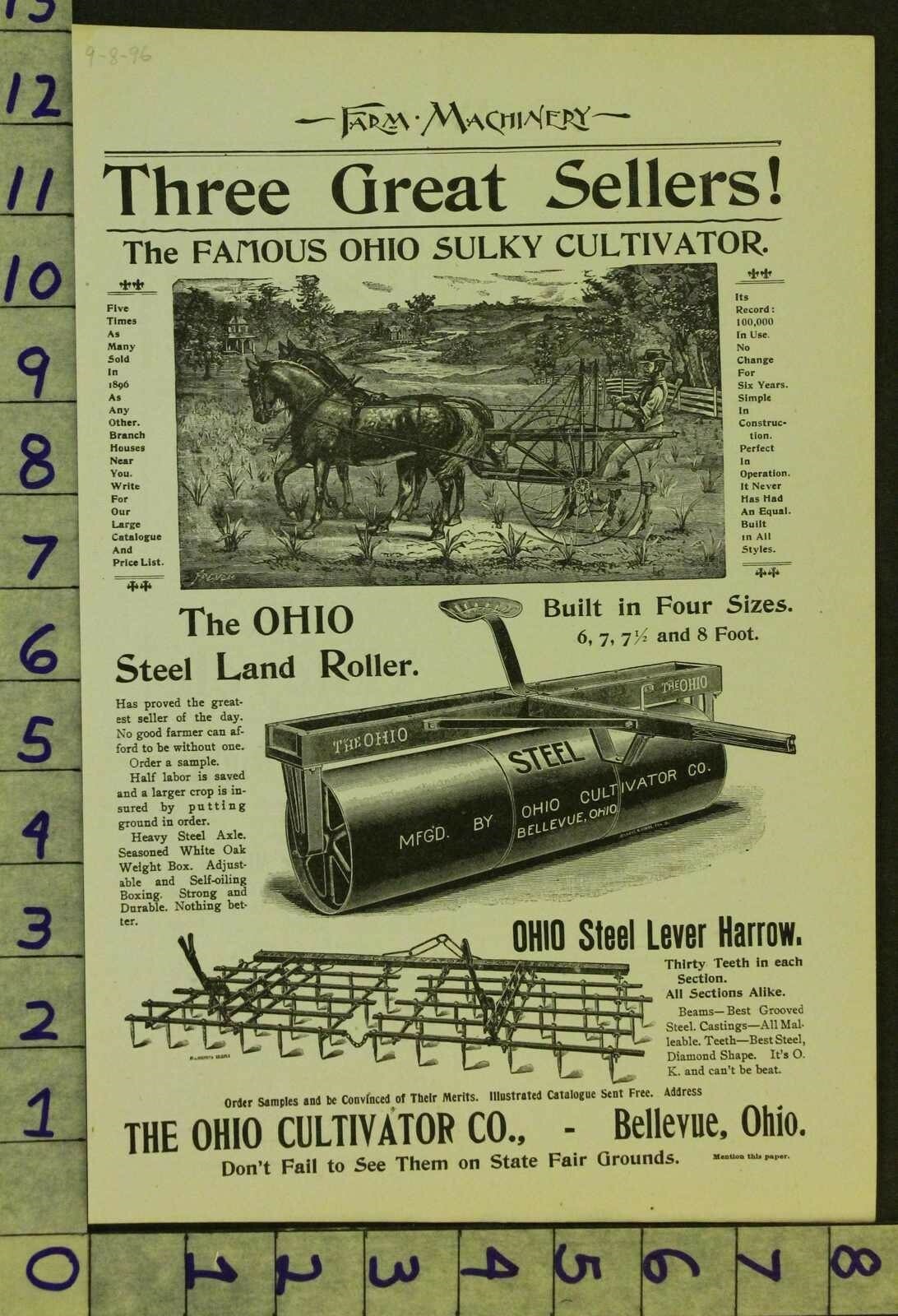 1896 AG FARM MACHINE OHIO SULKY CULTIVATOR LAND ROLLER HORSE BELLEVUE AD RR50