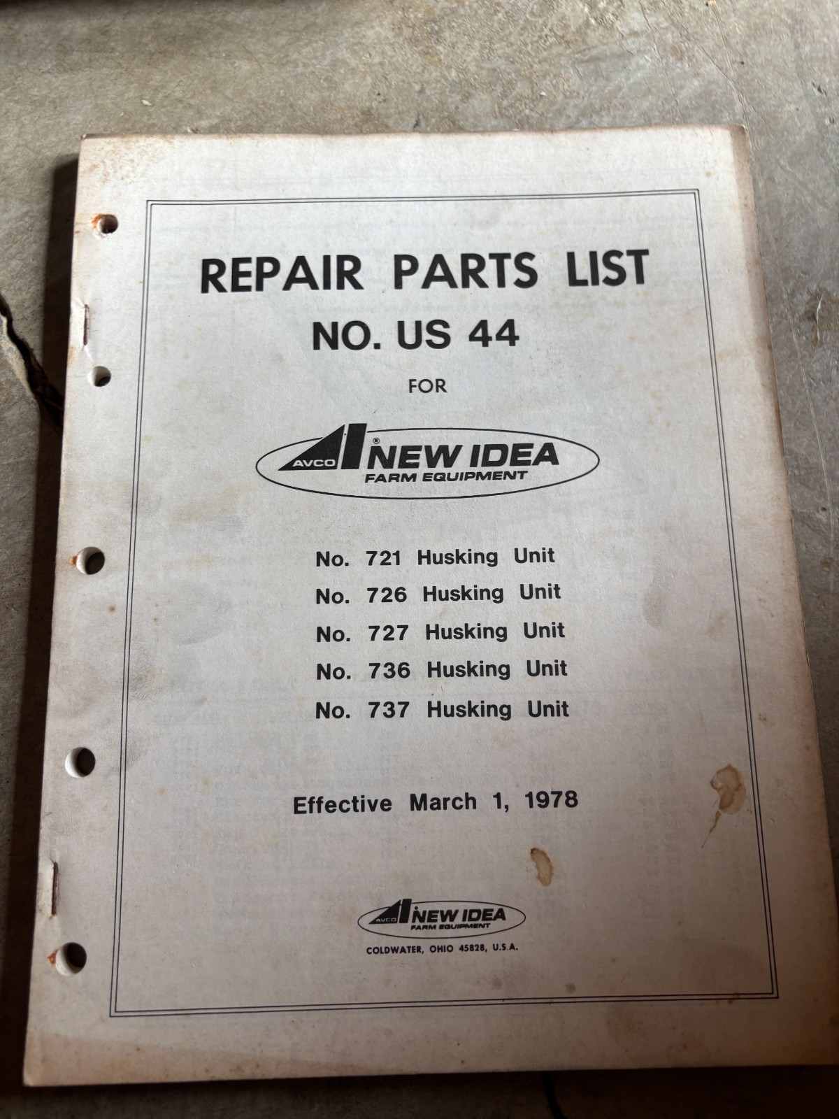 New Idea 721 726 727 736 737 Husking Unit Parts Book Manual AMIL26