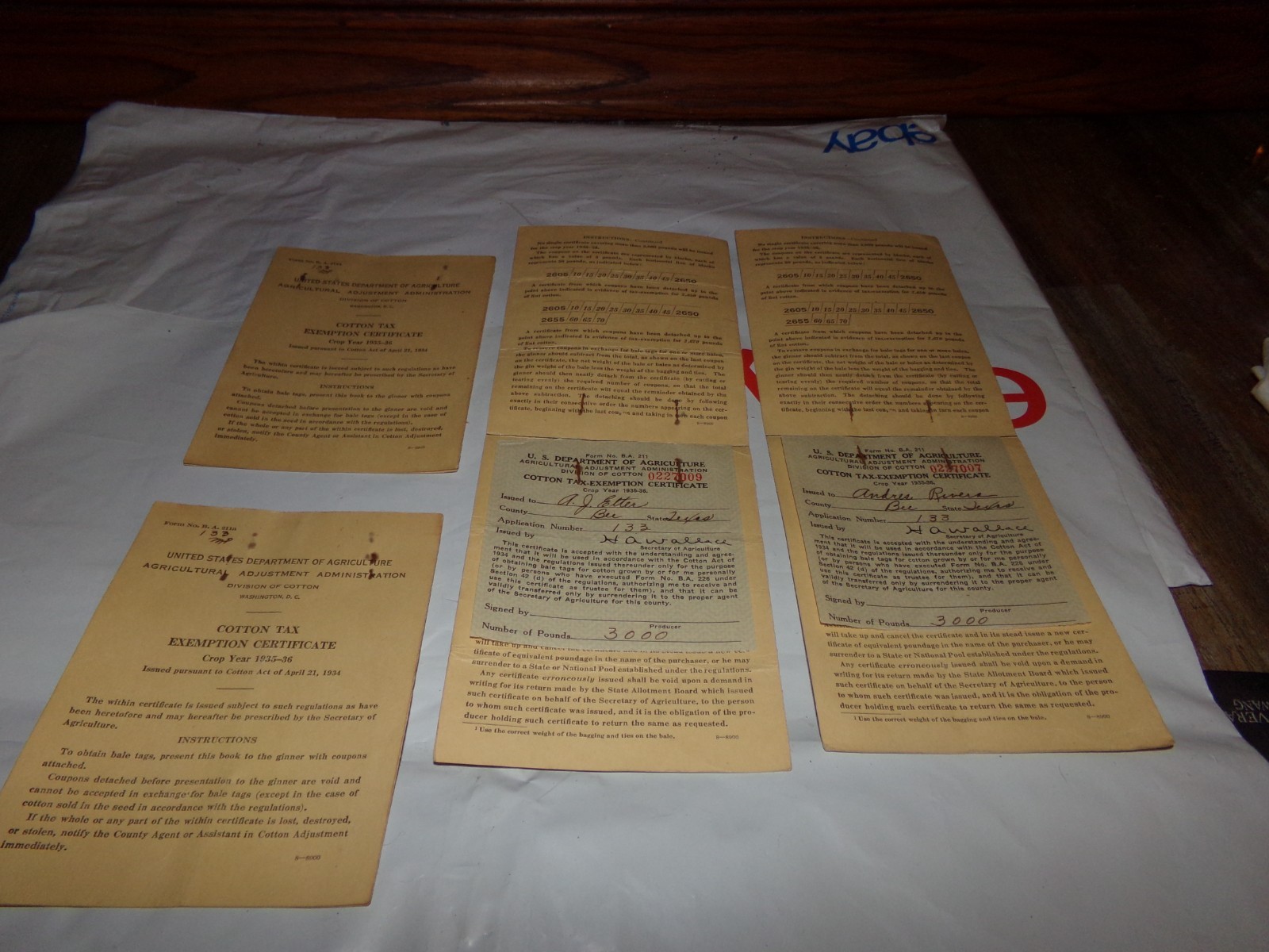 Lot 4 Vintage Agriculture Cotton taxes Exemption Certificates Bee County 1935/36