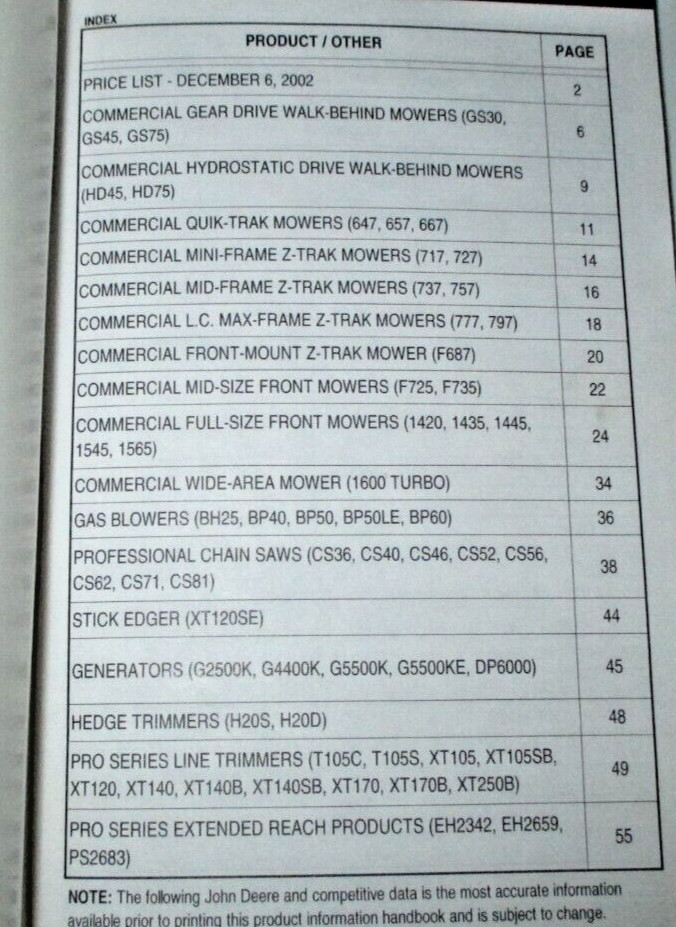 John Deere 2003 Commercial Mowing & Portable Power Equipment Pocket Book Z-Trak&