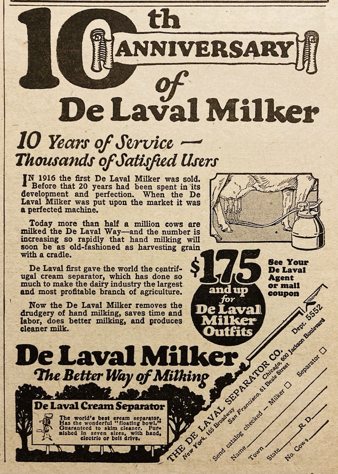 1926 AD.(XH88)~DELAVAL SEPARATOR CO. CHICAGO. DELAVAL 10th ANNIVERSARY MILKERS
