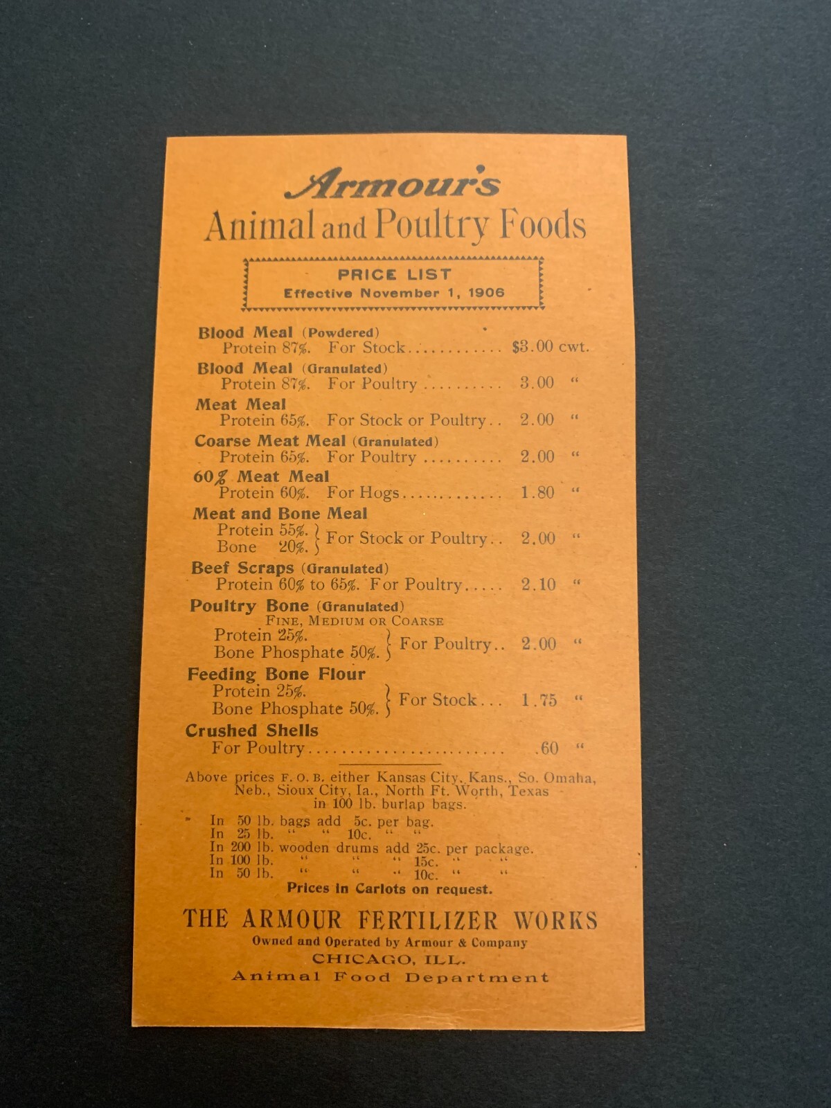 1906 Armour Animal and Poultry Foods Price List