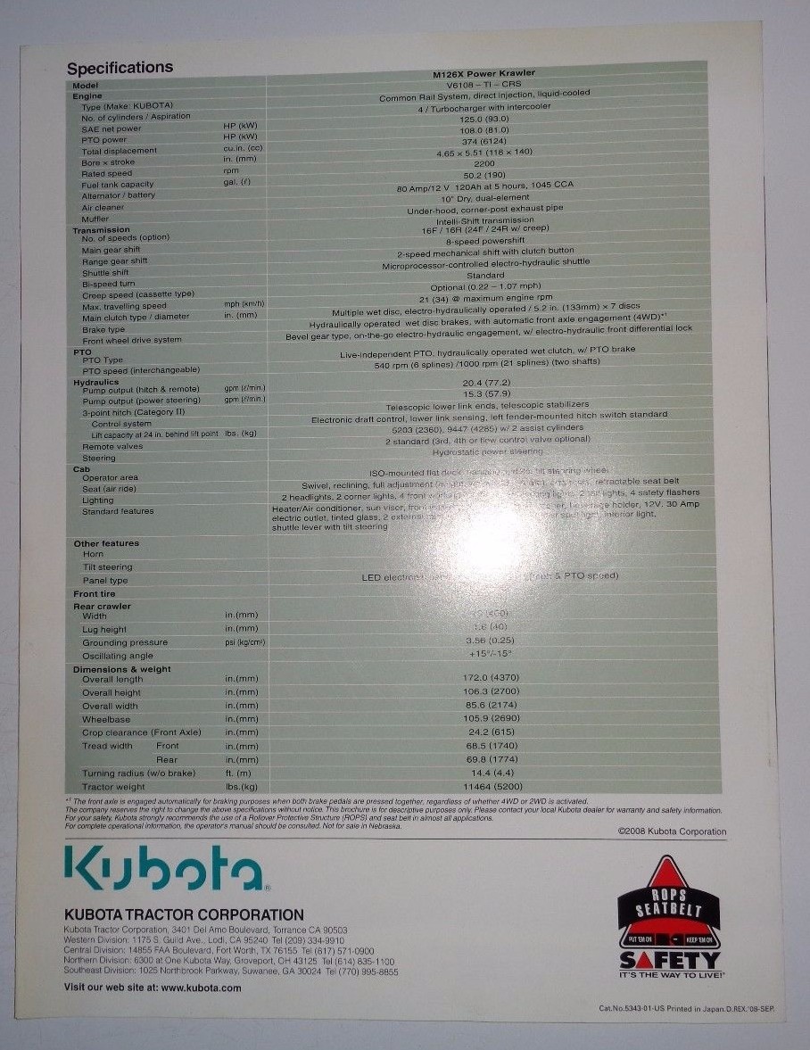 Kubota Dealers M126X Power Crawler Tractor Sales Brochure literature ad