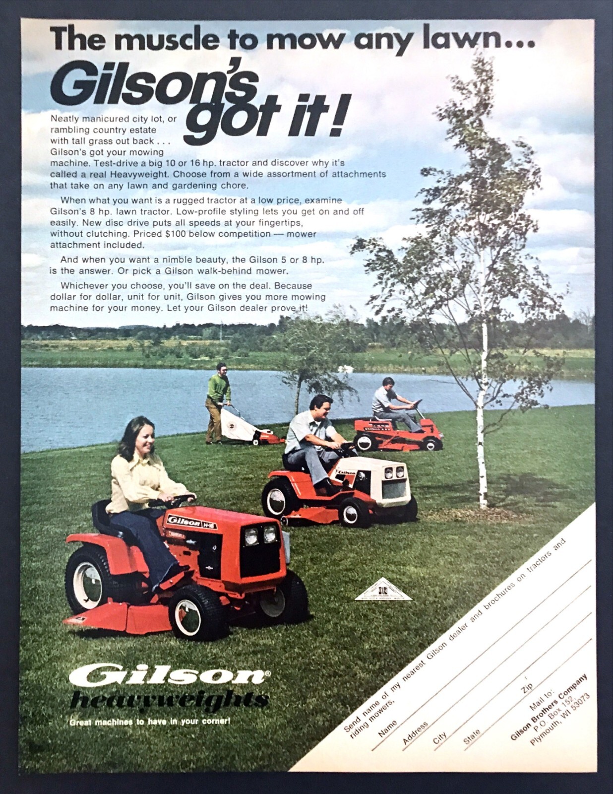 1974 Gilson Heavyweight Lawn Tractor photo « The Muscle to Mow » vintage print ad