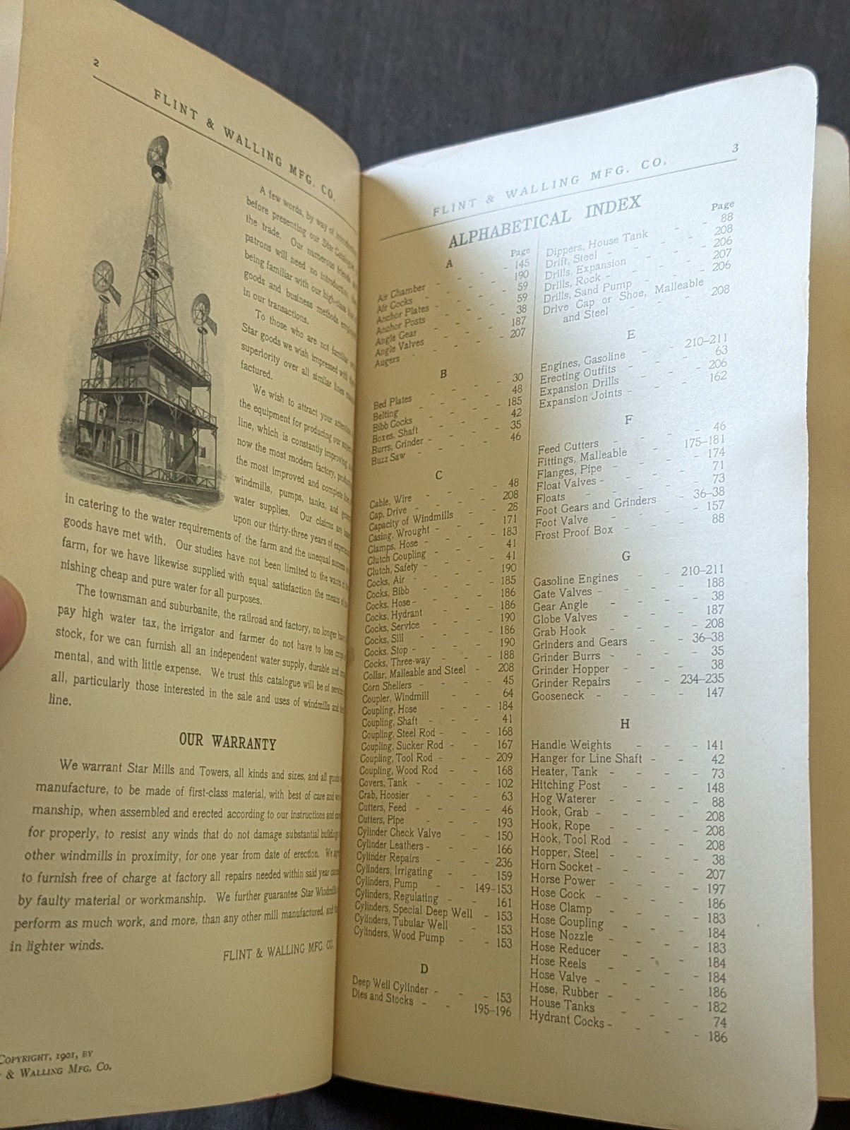 1901 Flint and walling Star windmill hardbound catalog. Windmills, Sawmill, ect.