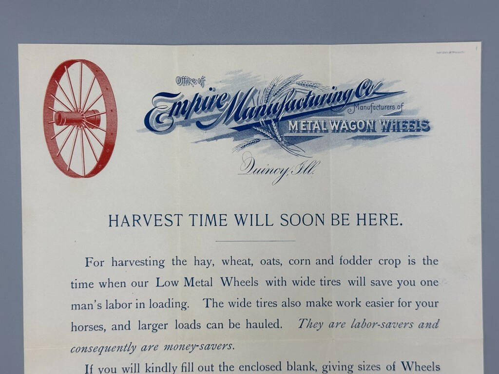 1895 EMPIRE WAGON WHEELS Advertising FARM Illustrated Postal Cover QUINCY IL