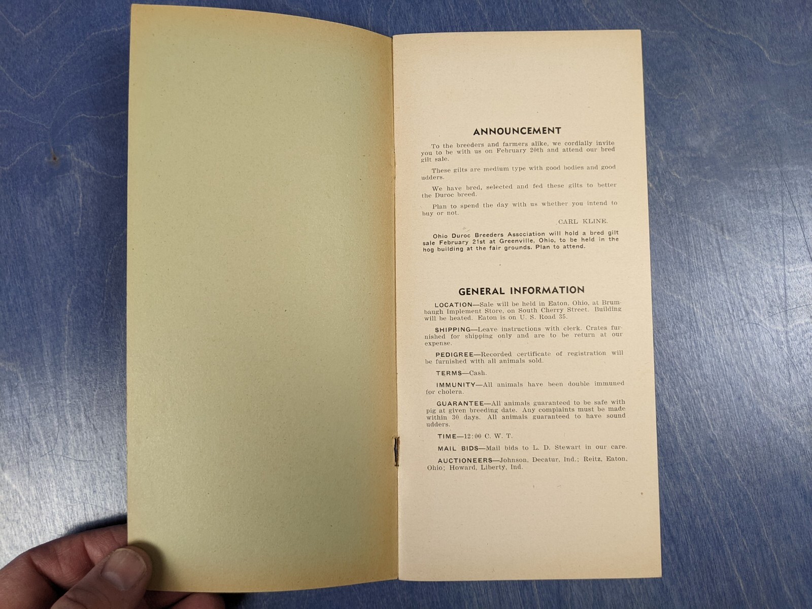1945 Duroc Bred Gilt Hog Sale Auction Brochure – Brumbaugh Implement Eaton Ohio