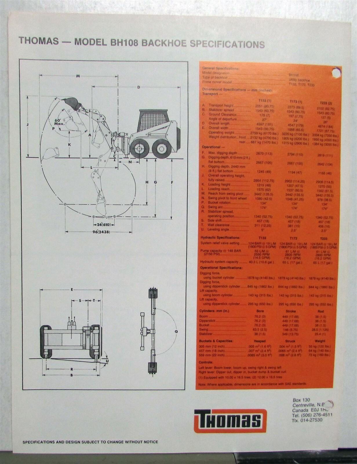 1980s Thomas Backhoe BH108 Construction Sales Data Sheet