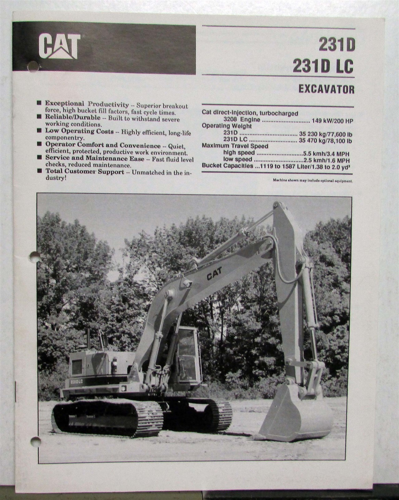 1989 CAT 231D 231DLC Excavator Construction Specifications Sales Brochure