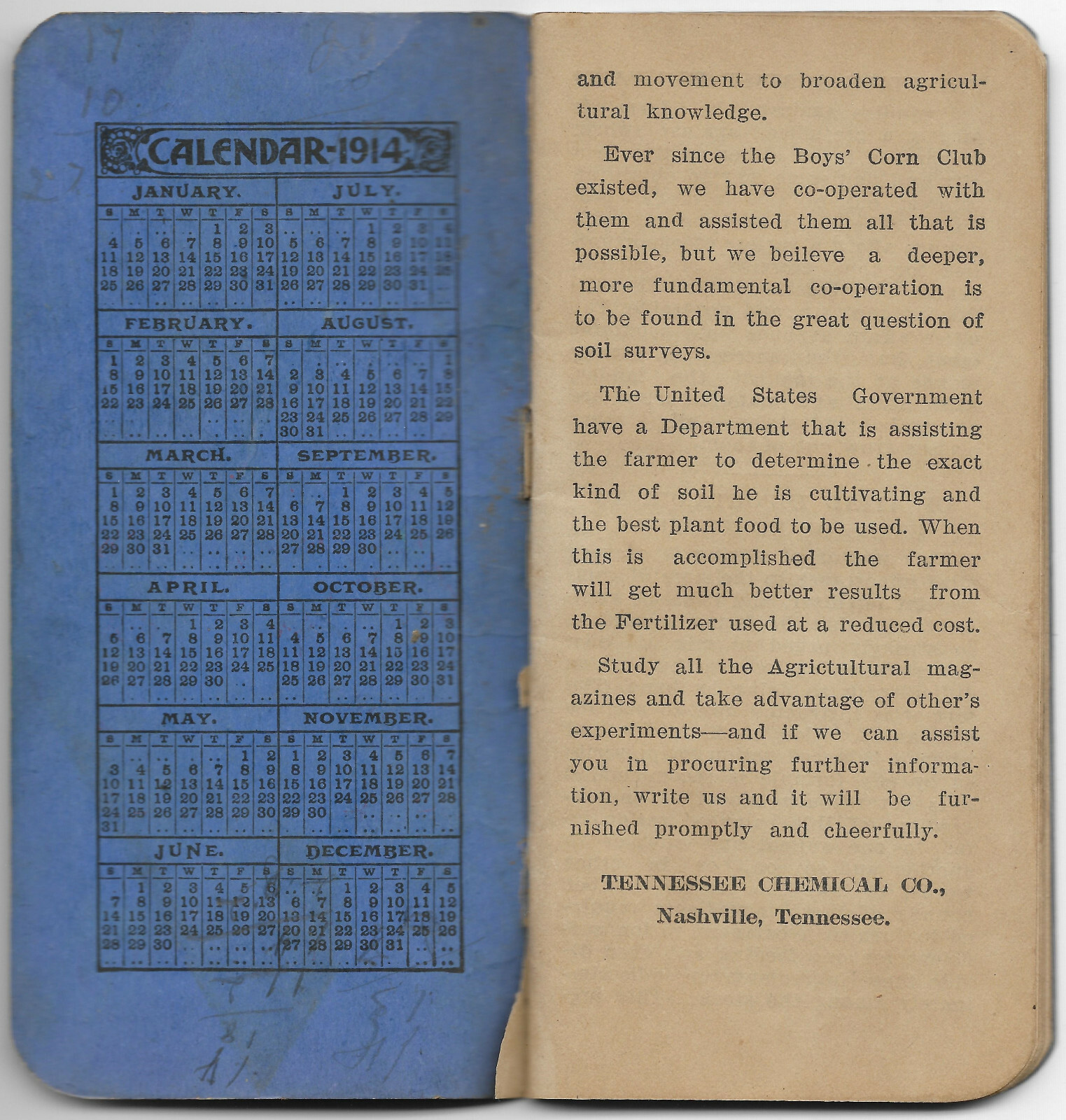 C.1914 Tennessee Chemical Company Pamphlet Ledger Ox Guano Fertilizer Ad M1