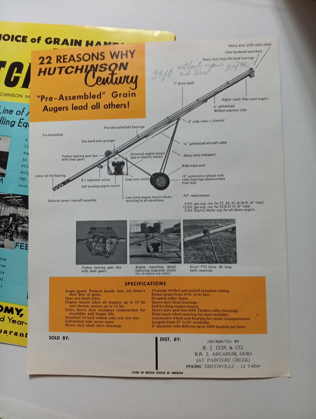 2 Vintage Hutchinson Grain Storage Augers Sales Brochures Flyer Kansas