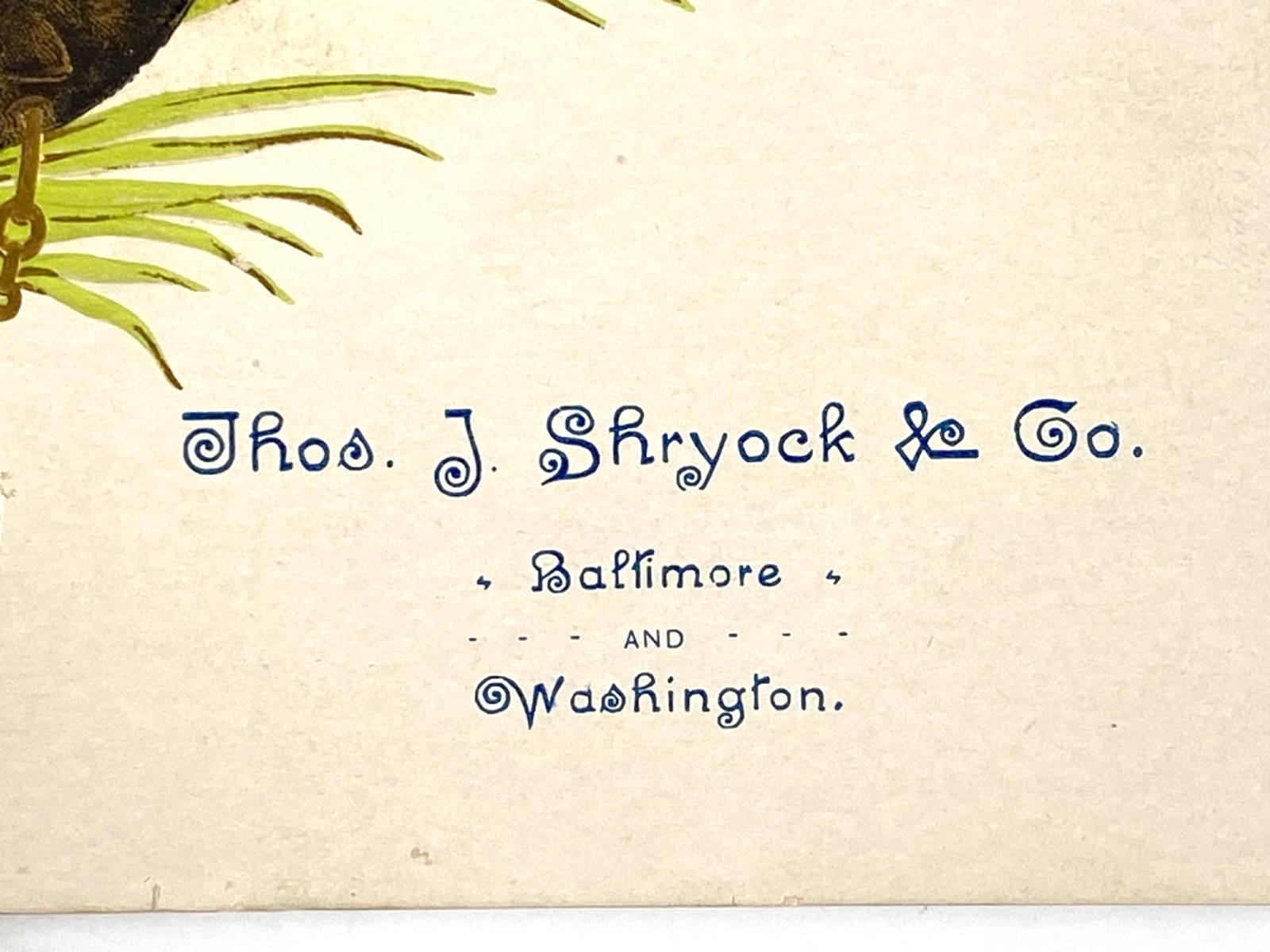 1894 THOMAS J. SHRYOCK & COMPANY antique trade card BALTIMORE & WASHINGTON, D.C.