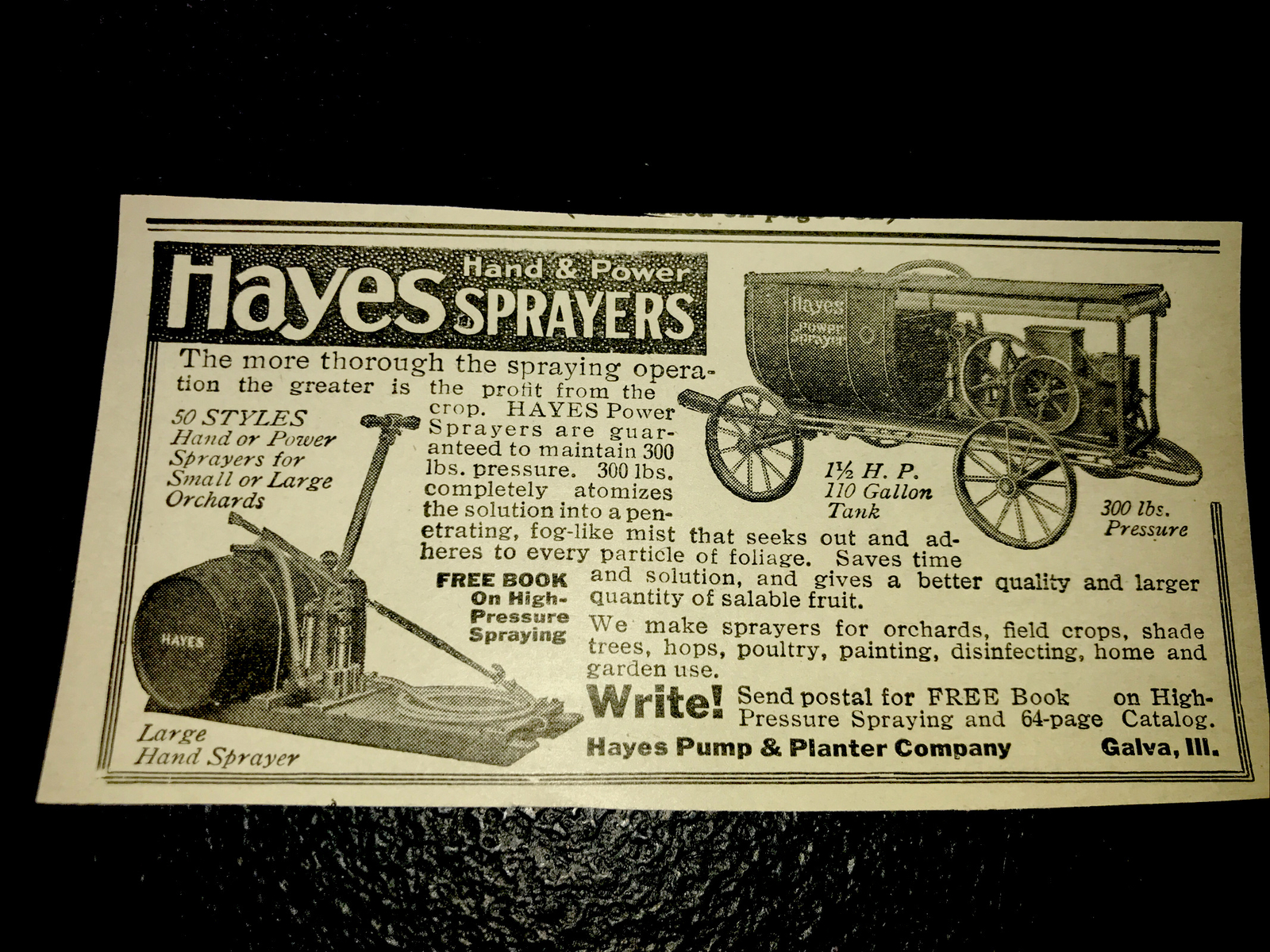 1916 Hayes Sprayers Farm Advertising – Galva – Illinois