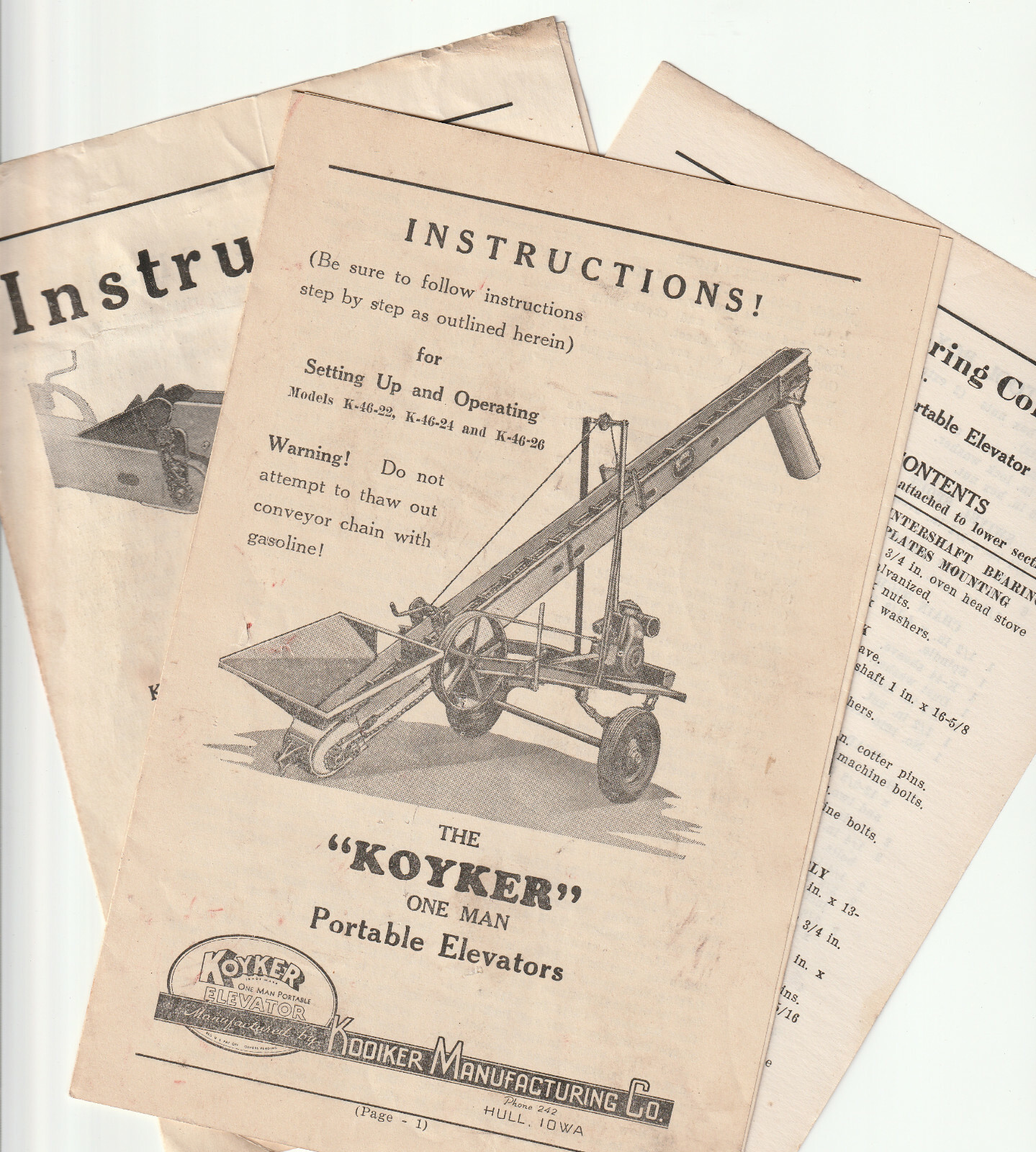 Koyker Mfg. Co., Hull, Iowa, IA – Lot of Instructions for Agricultural Equipment